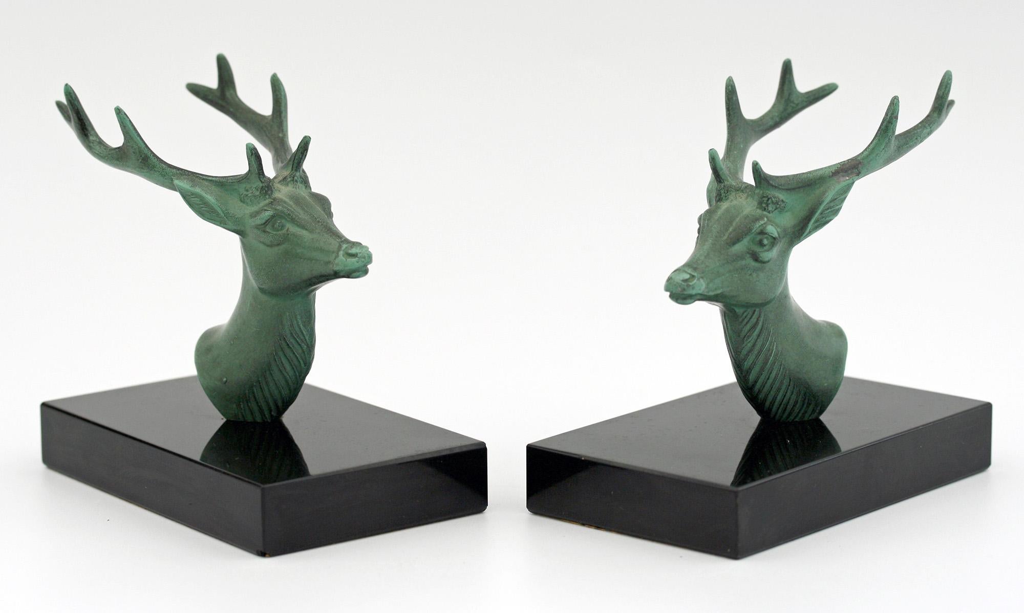 P Mimaux French Art Deco Green Patinated Stag Head Bookends 4