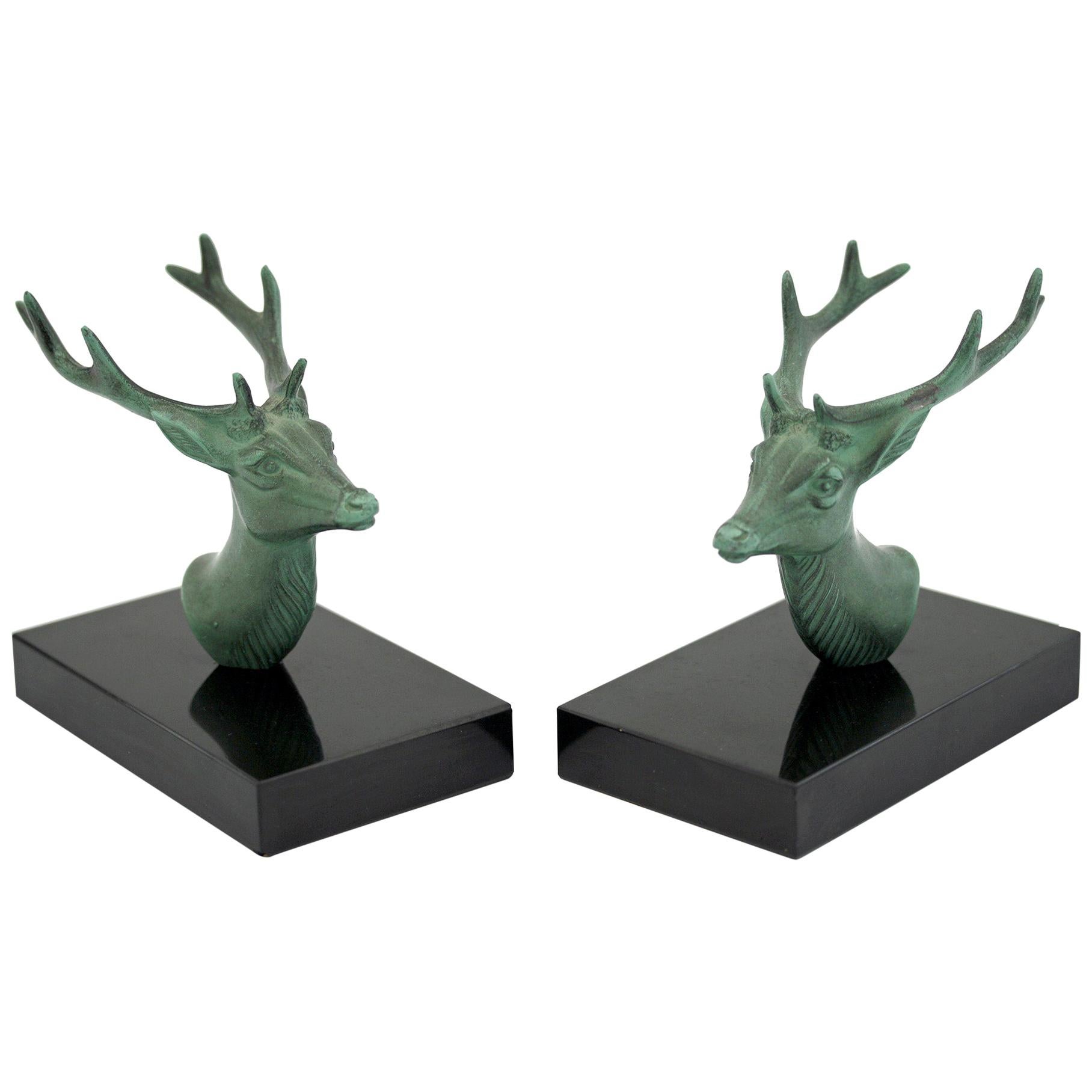P Mimaux French Art Deco Green Patinated Stag Head Bookends