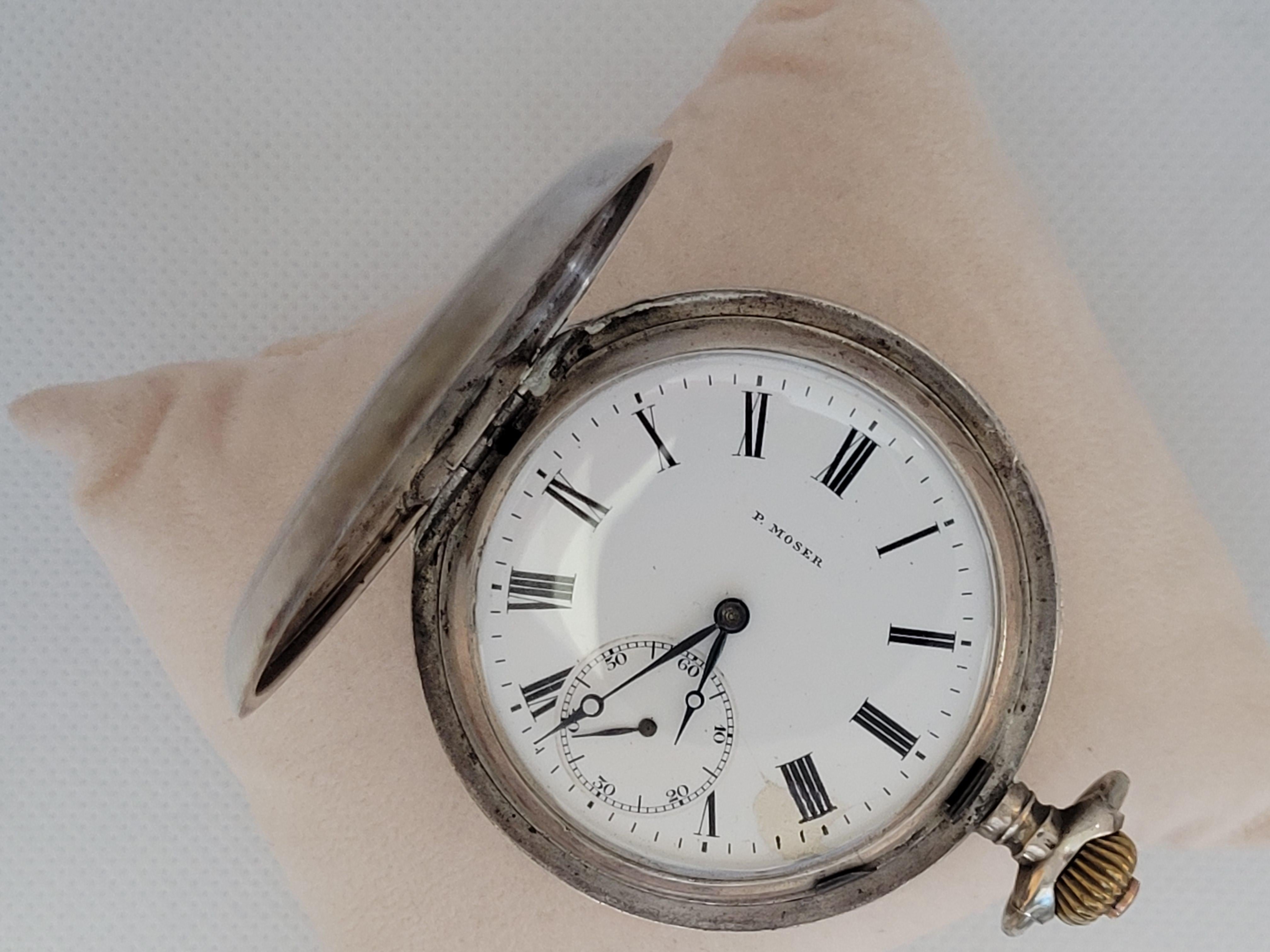 P Moser Pocket Watch Working Case Year 1910 Swiss Made 875 Silver In Good Condition For Sale In Rancho Santa Fe, CA