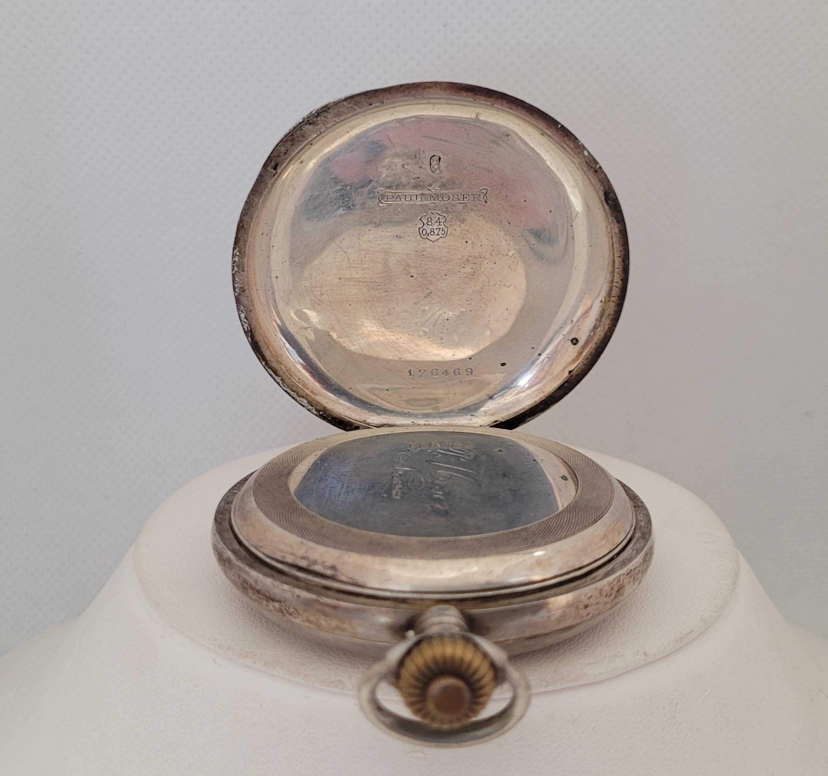 Women's or Men's P Moser Pocket Watch Working Case Year 1910 Swiss Made 875 Silver For Sale