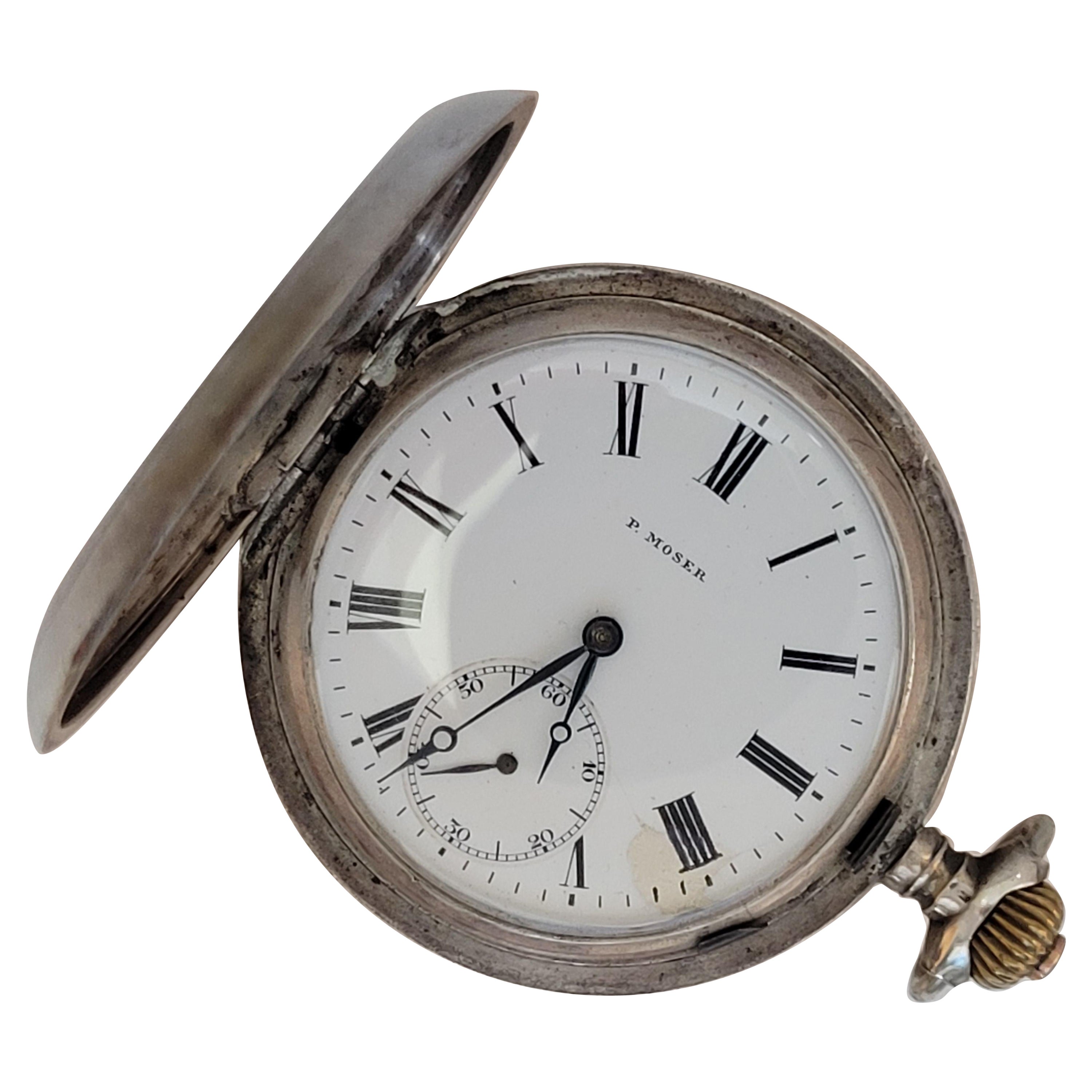 P Moser Pocket Watch Working Case Year 1910 Swiss Made 875 Silver For Sale