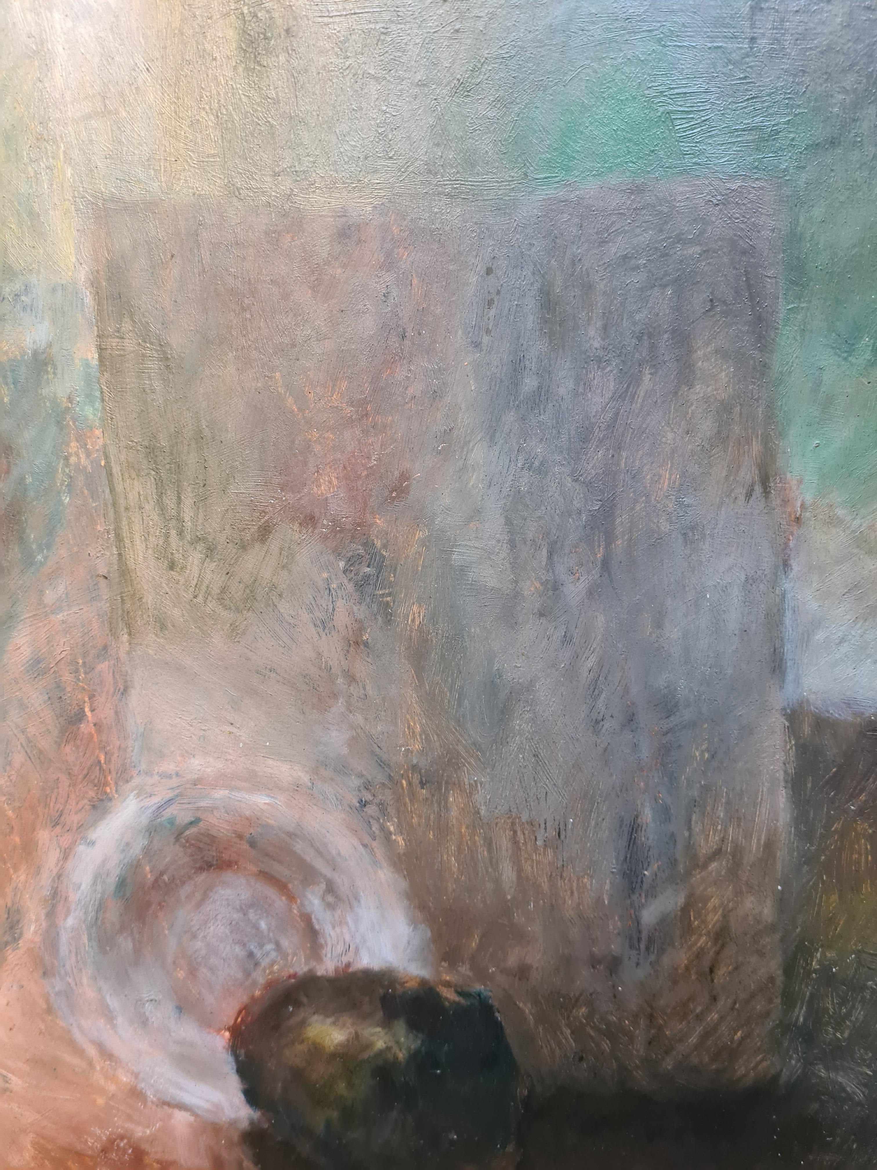 Huile sur carton du milieu du 20ème siècle, nature morte post-impressionniste du peintre polonais P Mostowski, signée en bas à droite, présentée dans un cadre moderne contemporain.

Nature morte charmante et paisible, joli contraste d'ombre et de