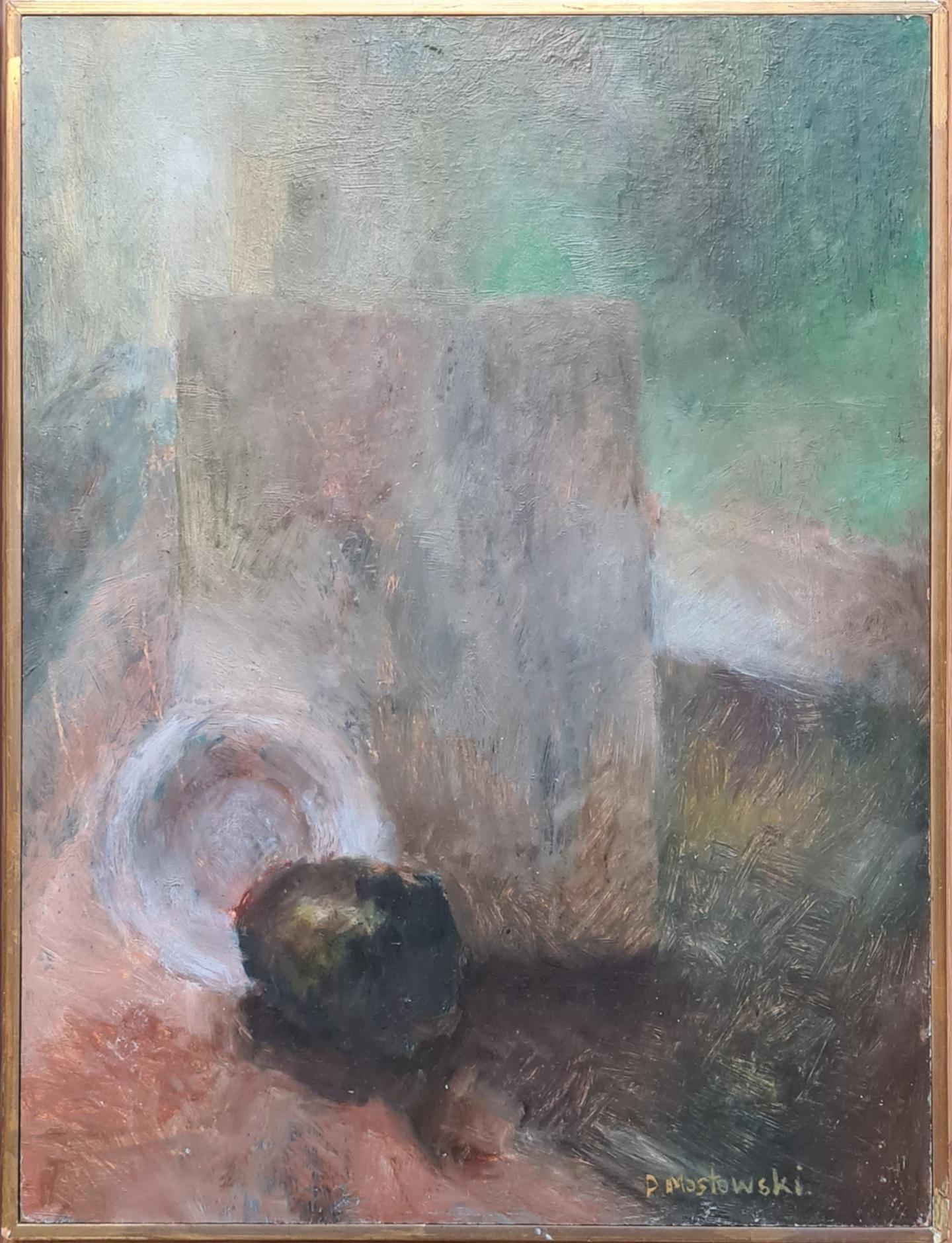 P Mostowski Interior Painting – Post-Impressionistisches Stillleben in Grün