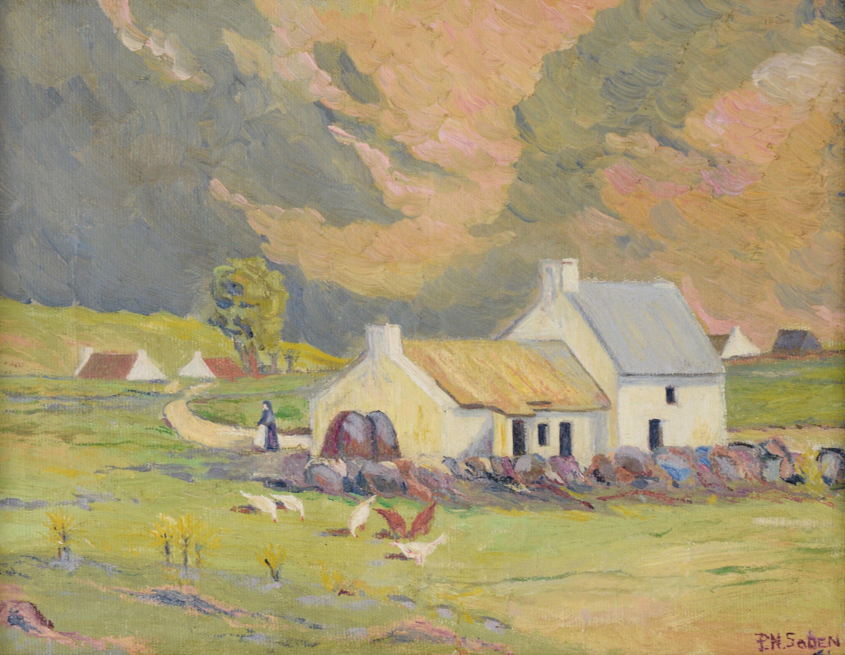 Flanders Country Cottage with Chickens Rural Belgium Landscape in Oil on Canvas - Painting by P. N. Soden