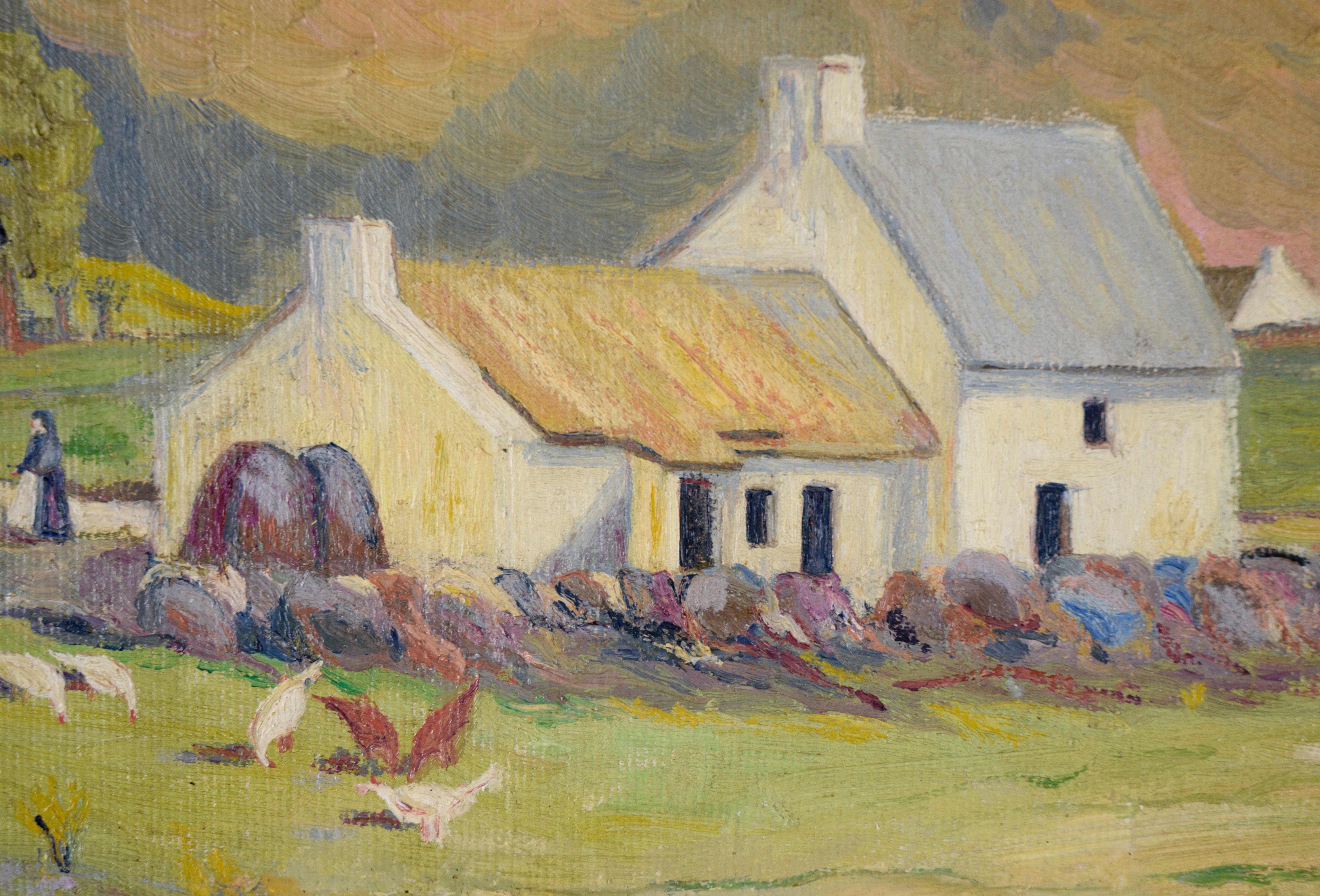 Flanders Country Cottage with Chickens Rural Belgium Landscape in Oil on Canvas For Sale 1