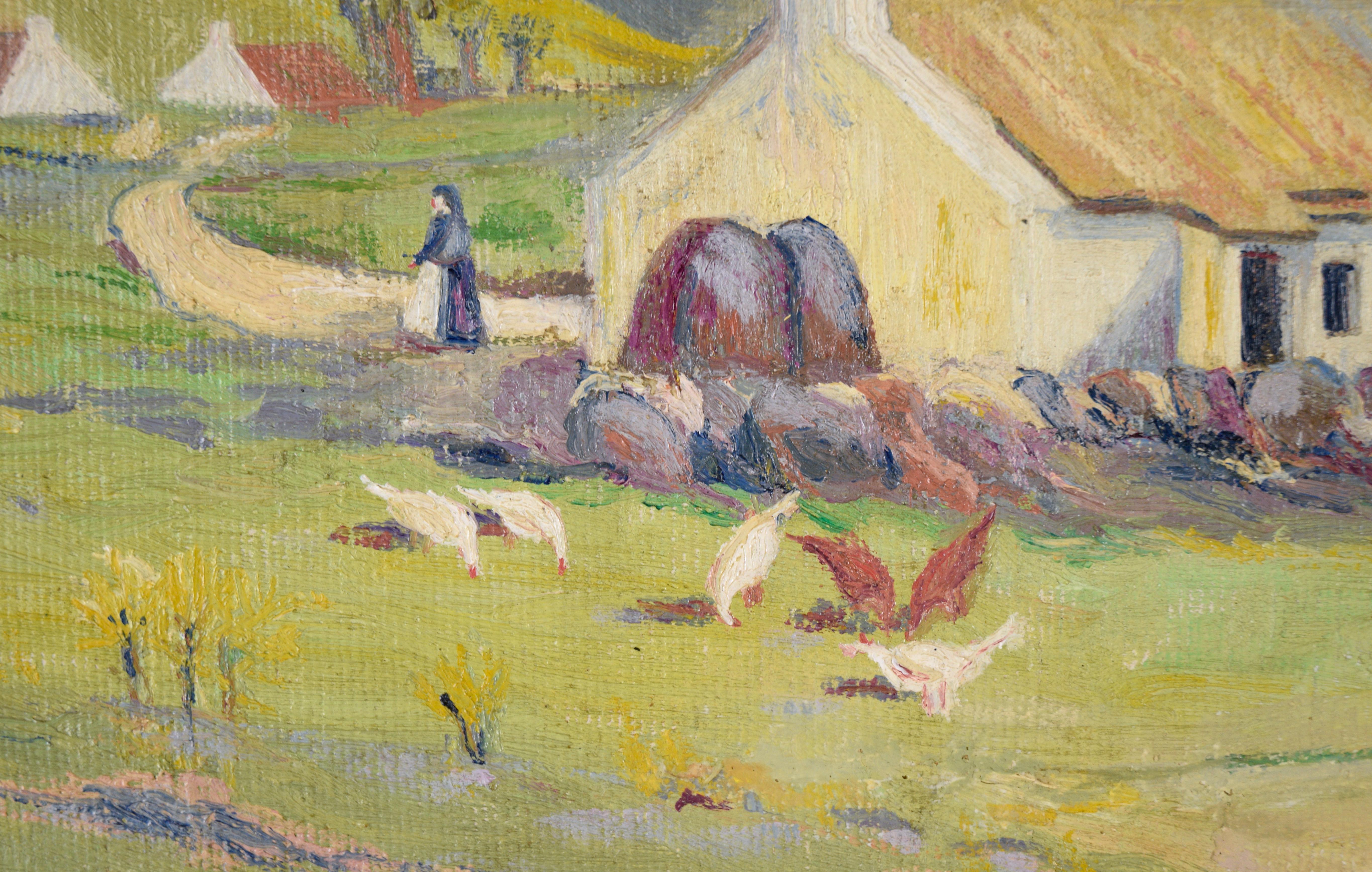 Flanders Country Cottage with Chickens Rural Belgium Landscape in Oil on Canvas For Sale 3