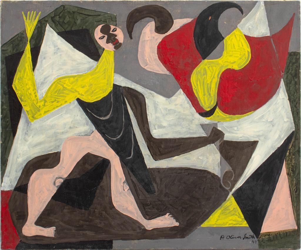 P. Oliver-Smith (américain, XX), Composition figurative cubiste abstraite, huile sur toile, 1947, signée et datée en bas à droite, signée et paraphée au verso. Sur châssis en bois, non encadré. 20