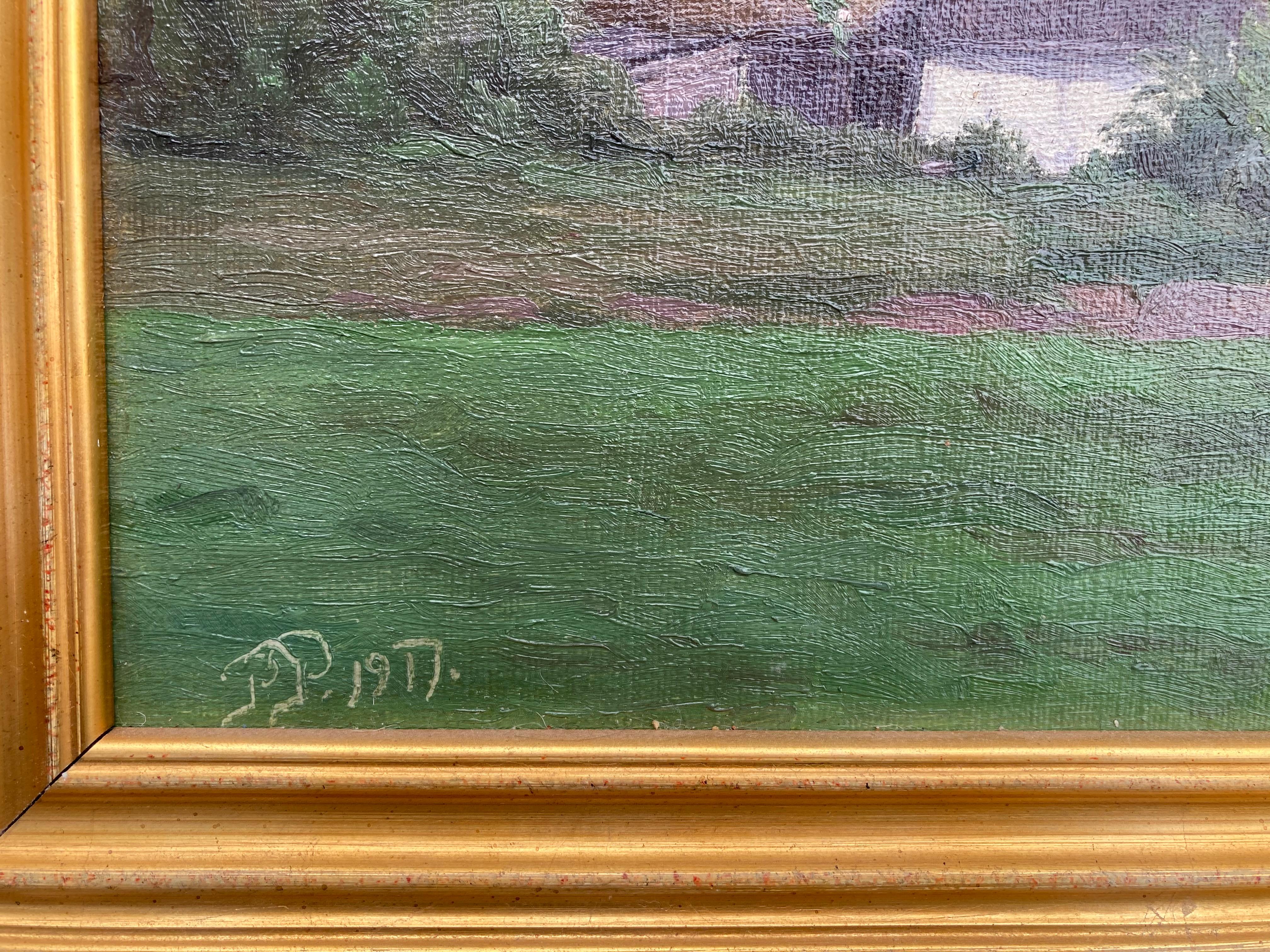 „“Sommerhaus““ – gerahmtes Landschaftsgemälde des frühen 20. Jahrhunderts (Impressionismus), Painting, von P. Pedersen