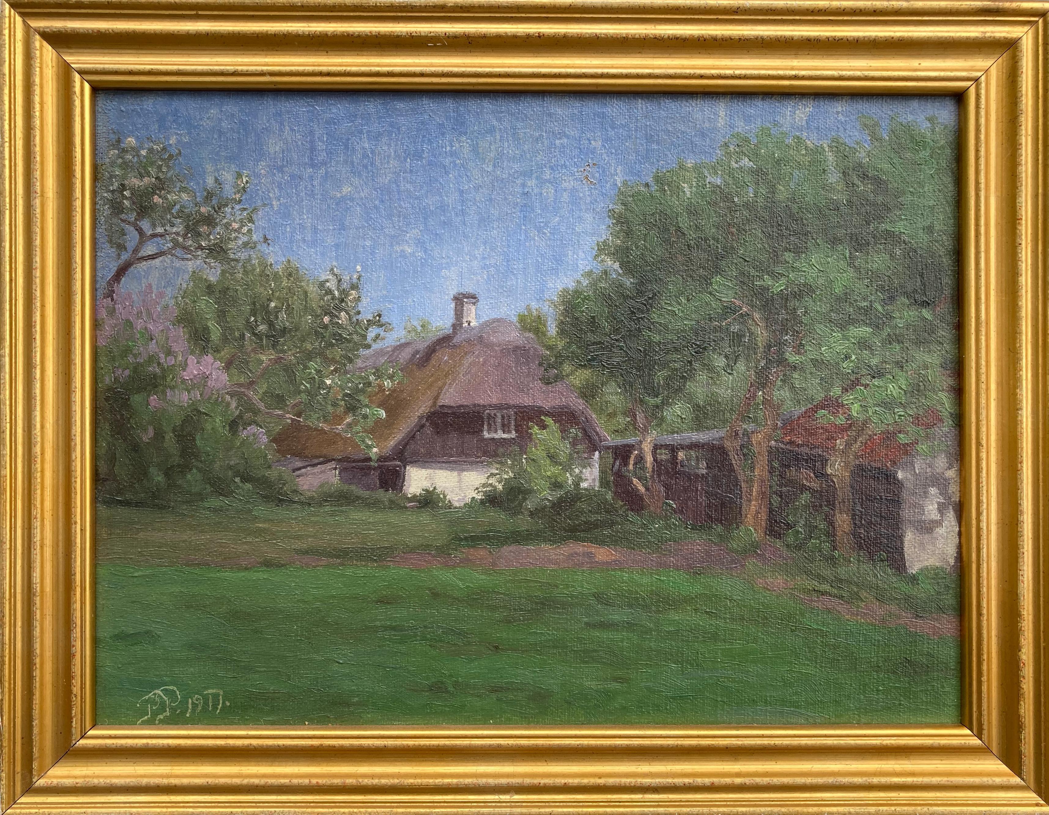 P. Pedersen Landscape Painting – „“Sommerhaus““ – gerahmtes Landschaftsgemälde des frühen 20. Jahrhunderts