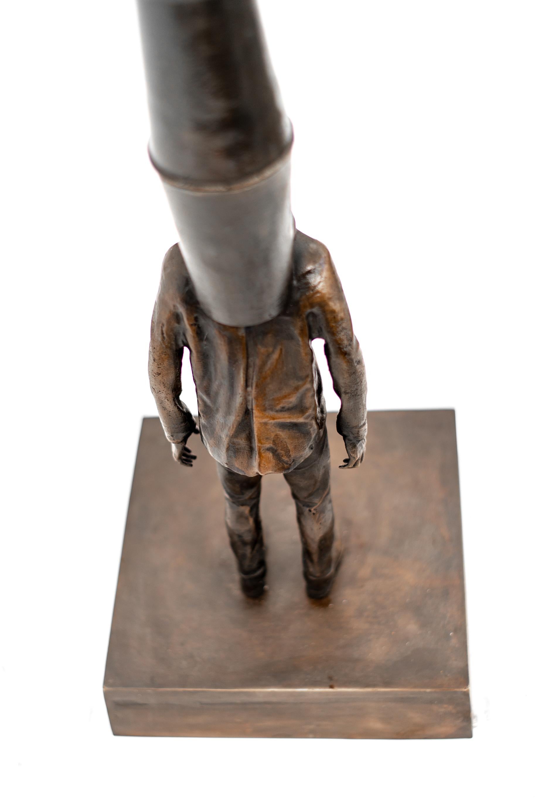 Daily Grind - Patinated bronze cups stacked on a male figure  For Sale 2