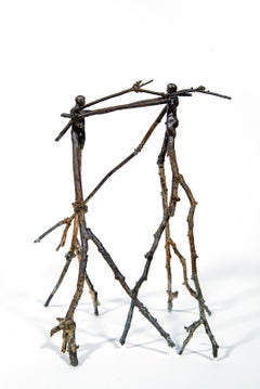 Enfold (Tree Men Series) - small, surrealist, males, figurative bronze sculpture