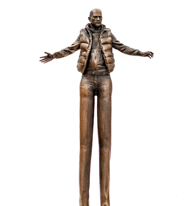 Roch Smith Figurative Sculpture - Enlarging Perspective - Surreal stretched male figure in bronze