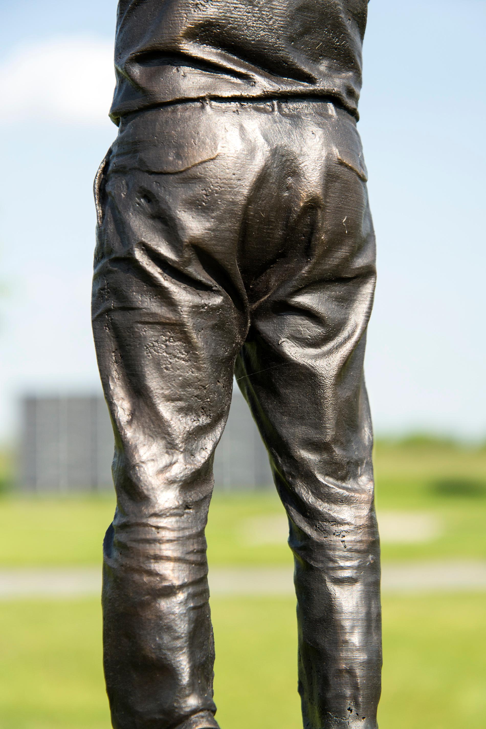 Hold Fast - tall, surrealist, male, figurative, bronze, steel, outdoor sculpture 4