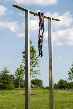 Hold Fast - tall, surrealist, male, figurative, bronze, steel, outdoor sculpture