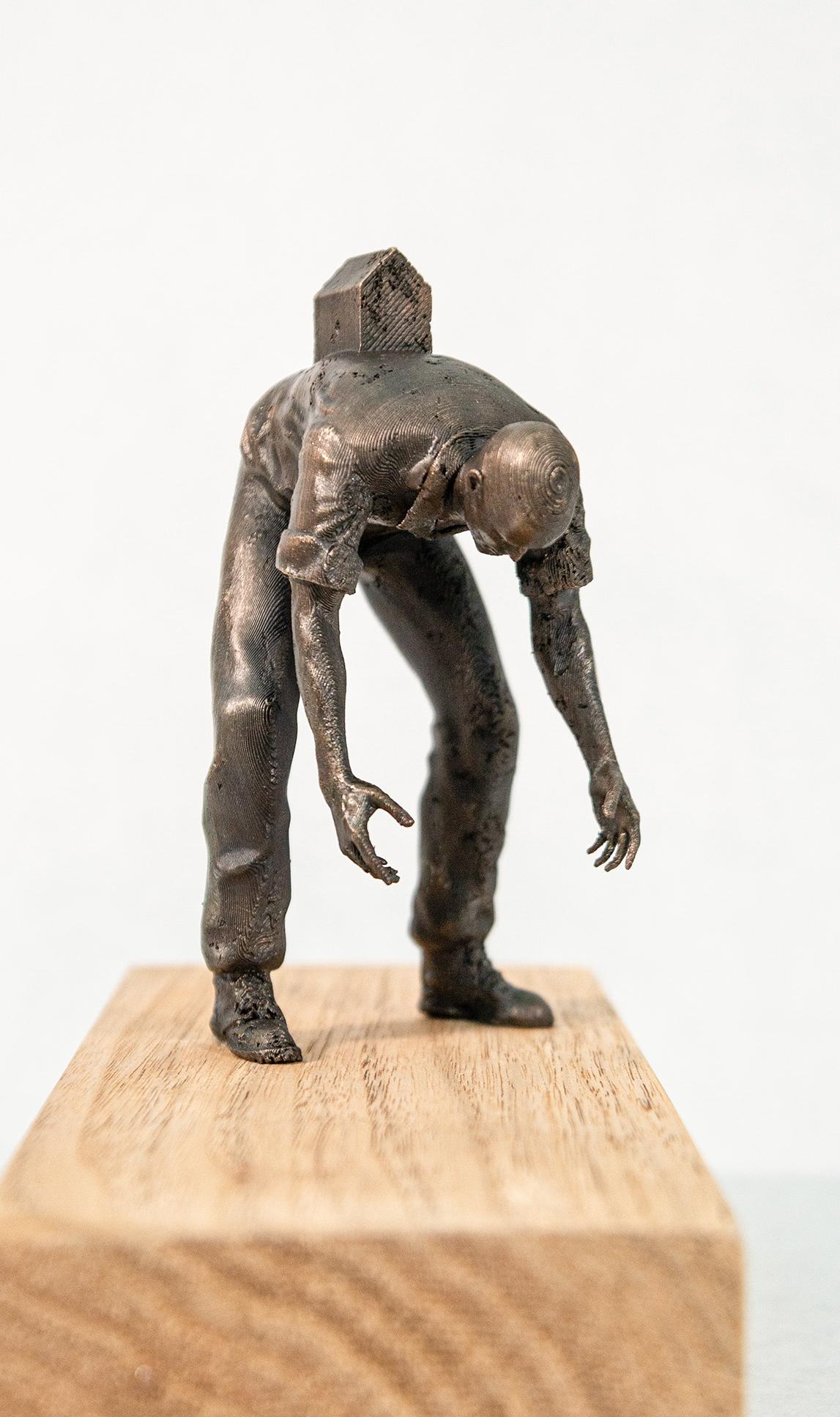 House Hunter 1/3 - small, surrealist, figurative, bronze and wood sculpture - Contemporary Sculpture by Roch Smith