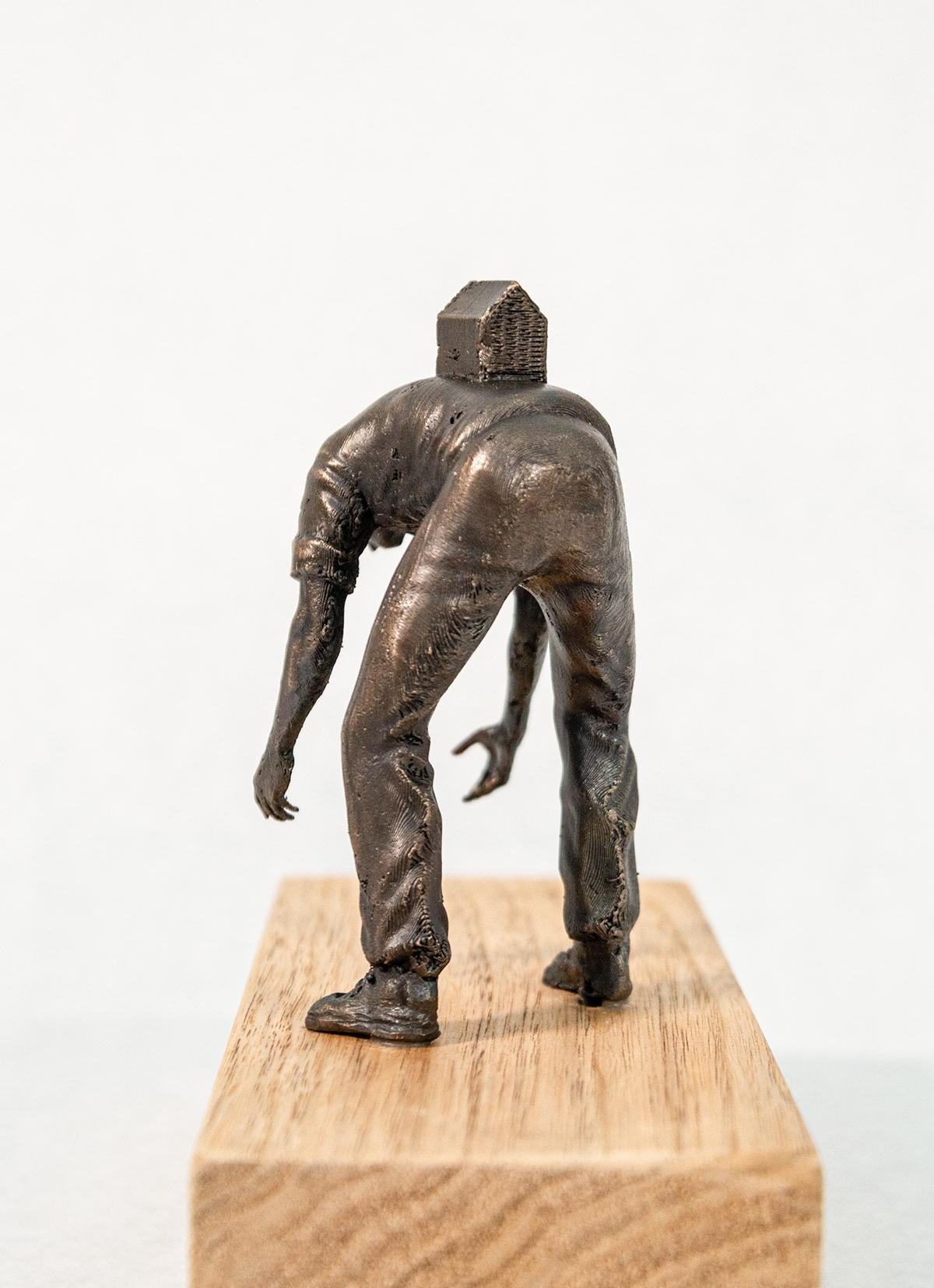 House Hunter 1/3 - small, surrealist, figurative, bronze and wood sculpture For Sale 1