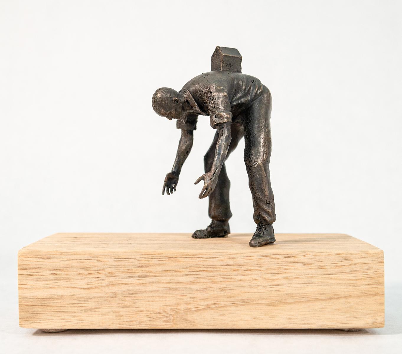 House Hunter 1/3 - small, surrealist, figurative, bronze and wood sculpture - Sculpture by Roch Smith