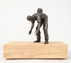 House Hunter 1/3 - small, surrealist, figurative, bronze and wood sculpture