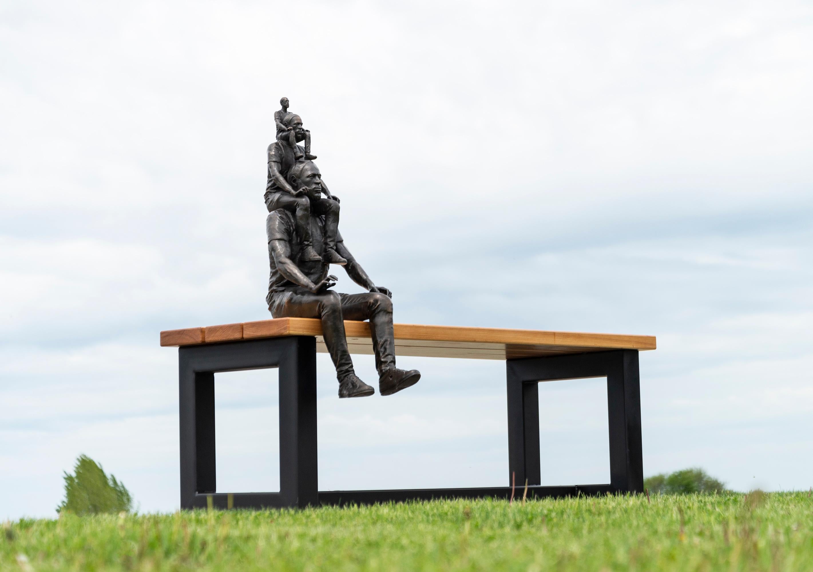 Kinship - surrealist, male, figurative, bronze outdoor furniture sculpture - Sculpture di Roch Smith