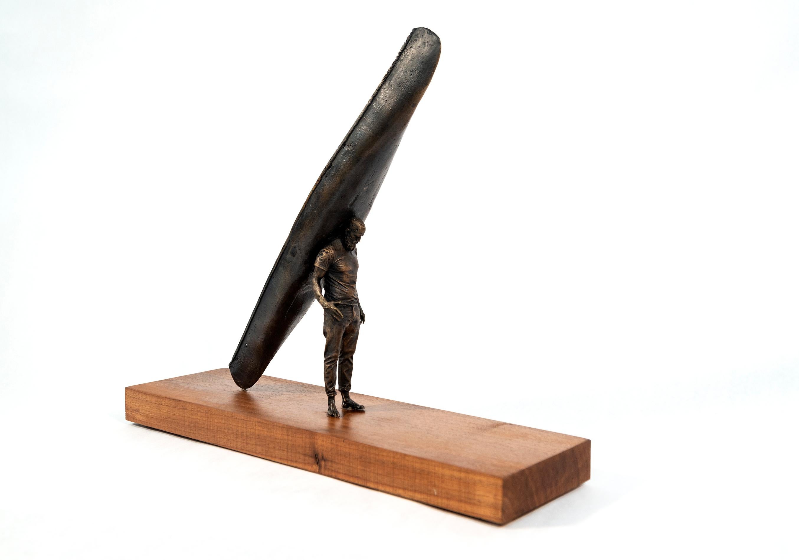 Pause 1/3 - small, surrealist, canoe, male, figurative, wood, bronze, sculpture - Contemporary Sculpture by Roch Smith