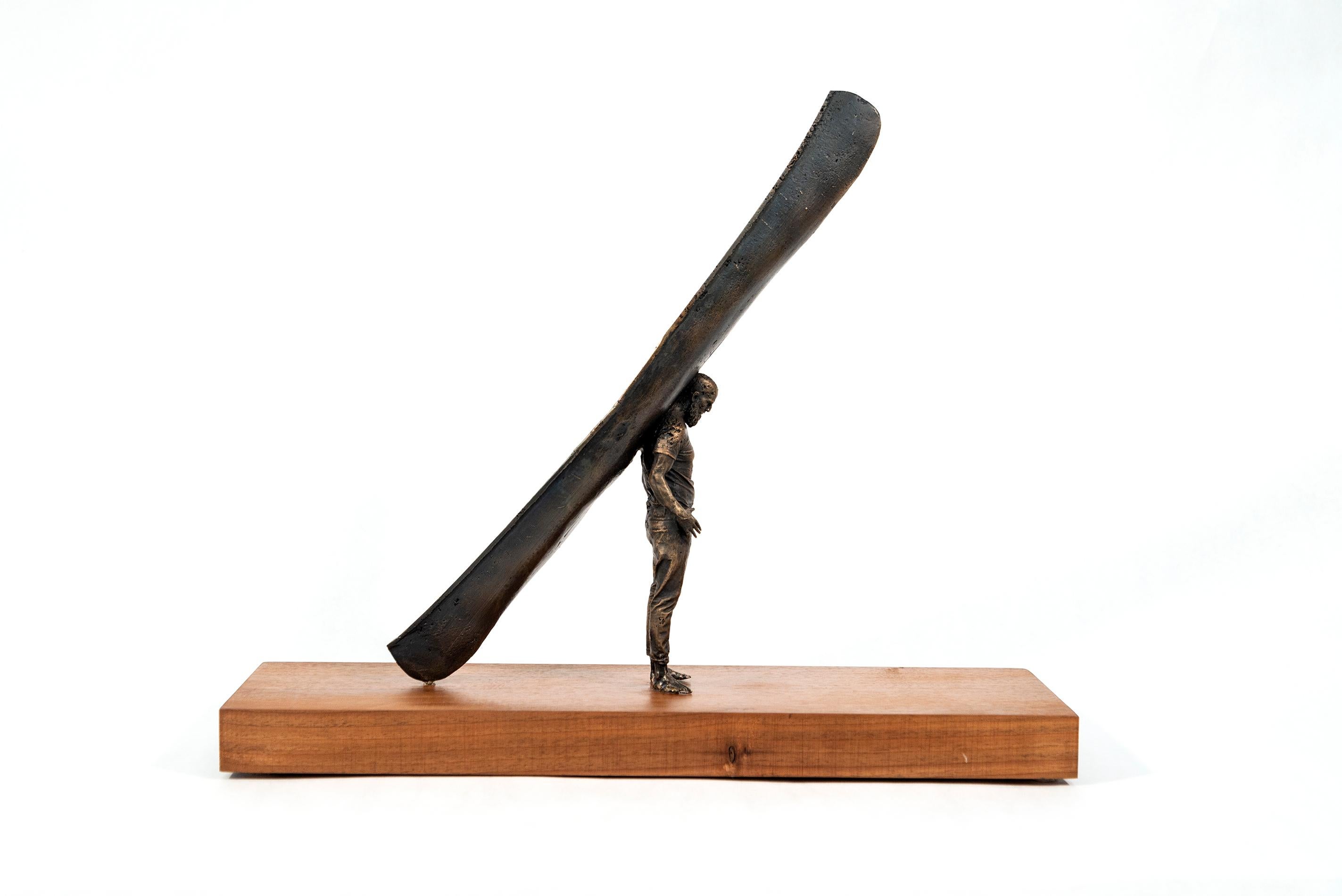 Pause 1/3 - small, surrealist, canoe, male, figurative, wood, bronze, sculpture - Sculpture by Roch Smith