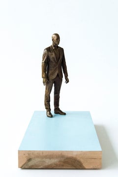 Ponder - small, narrative, figurative, male bronze sculpture on wood base