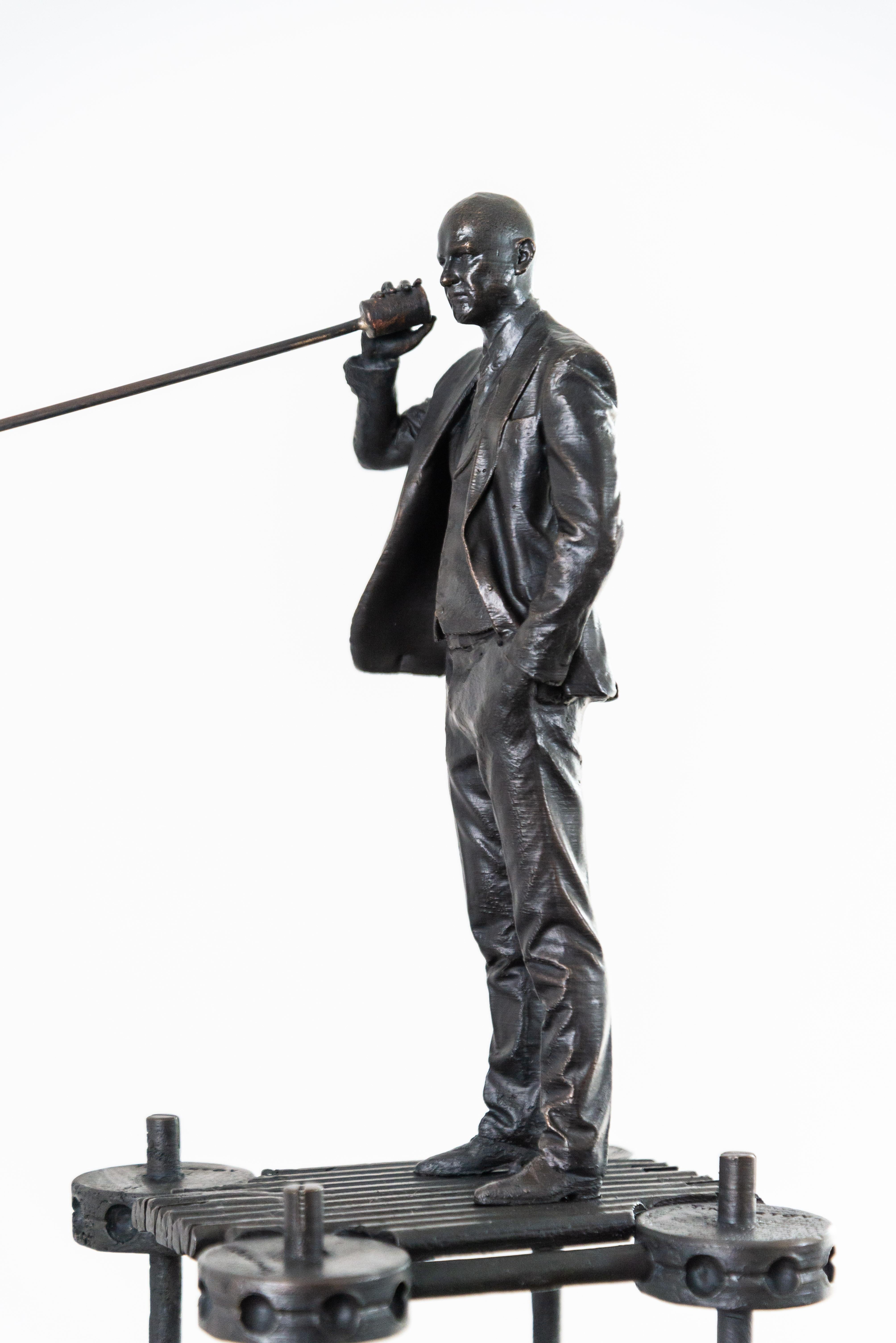 Reliable Technology - tall, narrative, figurative, male, bronze sculpture 1