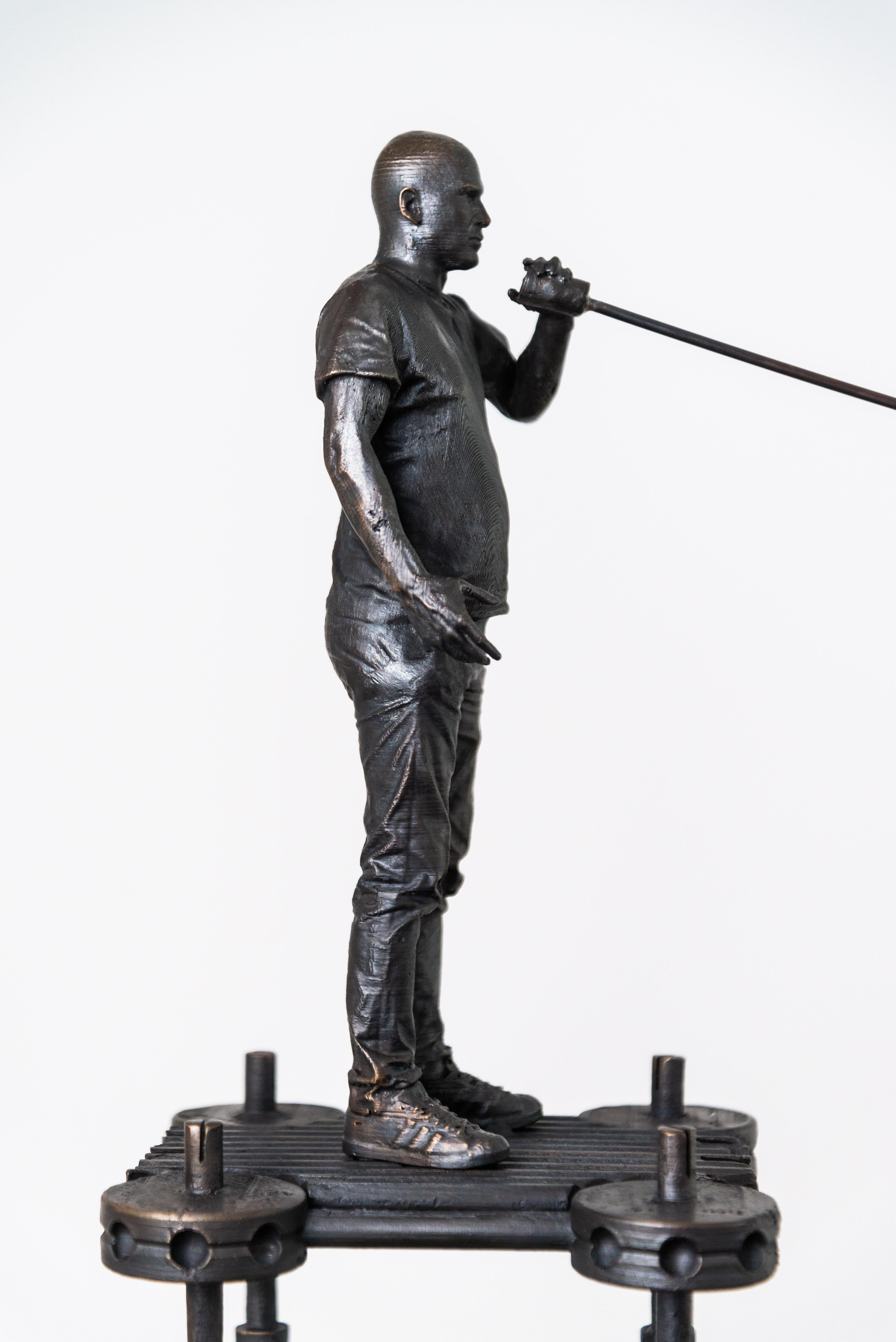 Reliable Technology - tall, narrative, figurative, male, bronze sculpture 4