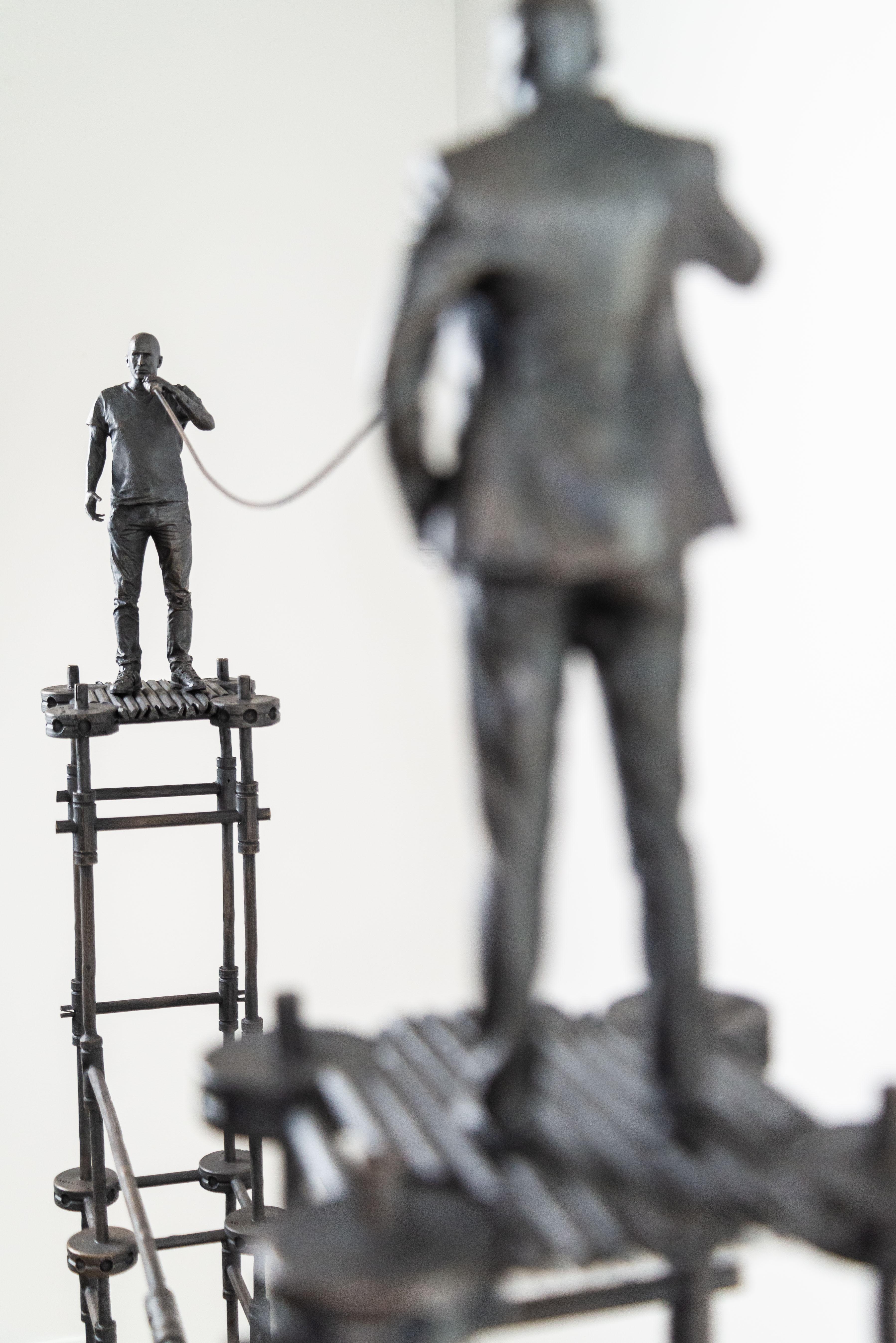 Reliable Technology - tall, narrative, figurative, male, bronze sculpture 6