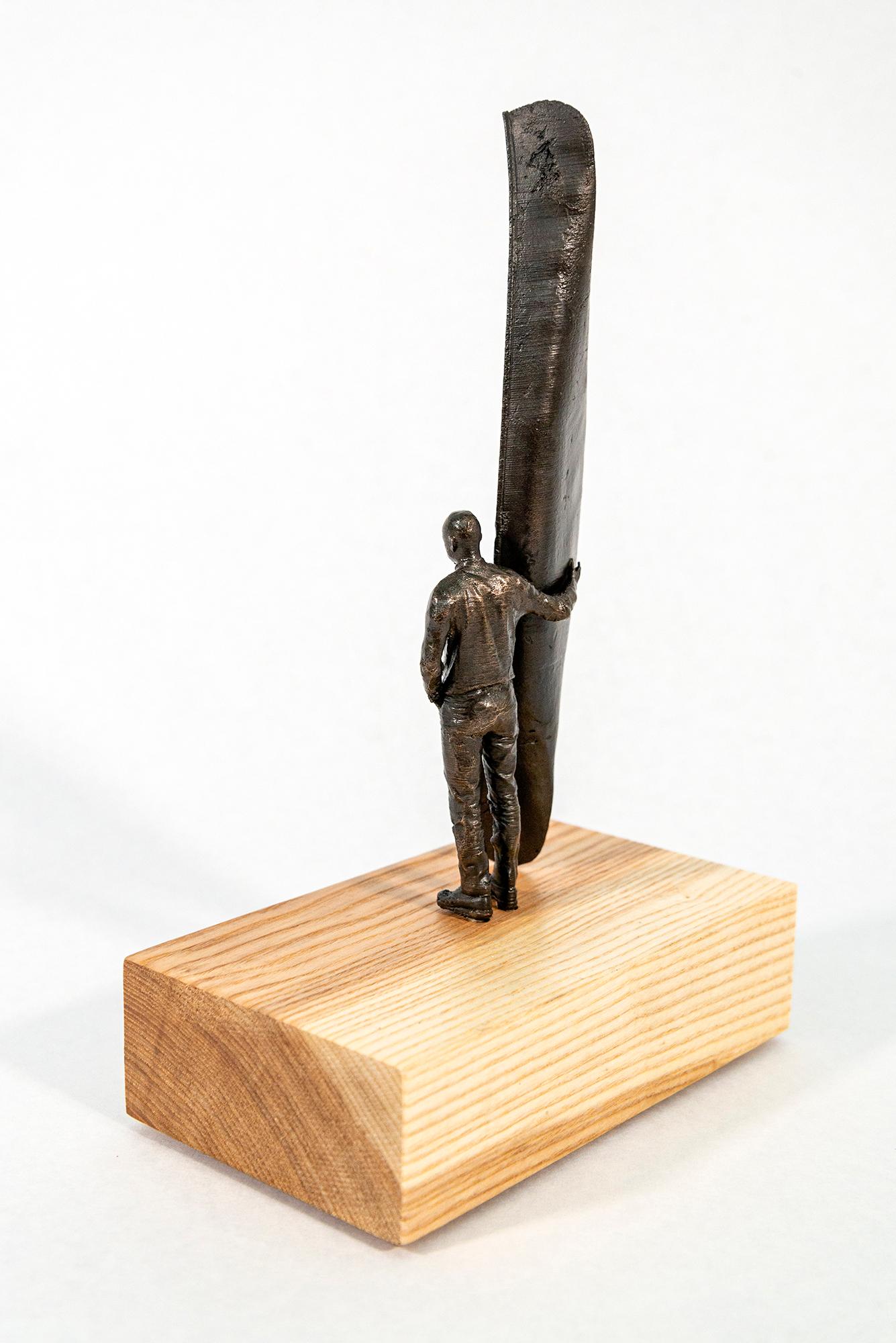 The Craftsman ed.1/2 - surrealist, canoe, figurative, wood, bronze, sculpture For Sale 7