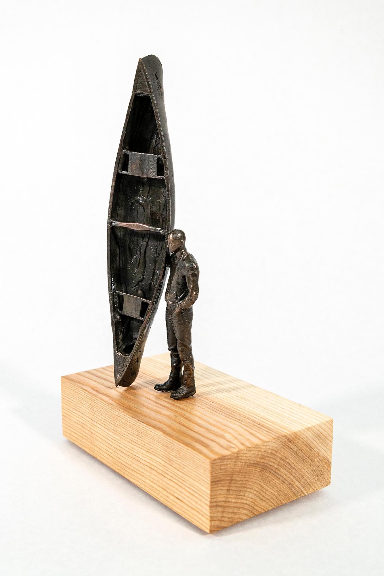 The Craftsman ed.1/2 - surrealist, canoe, figurative, wood, bronze, sculpture For Sale 8