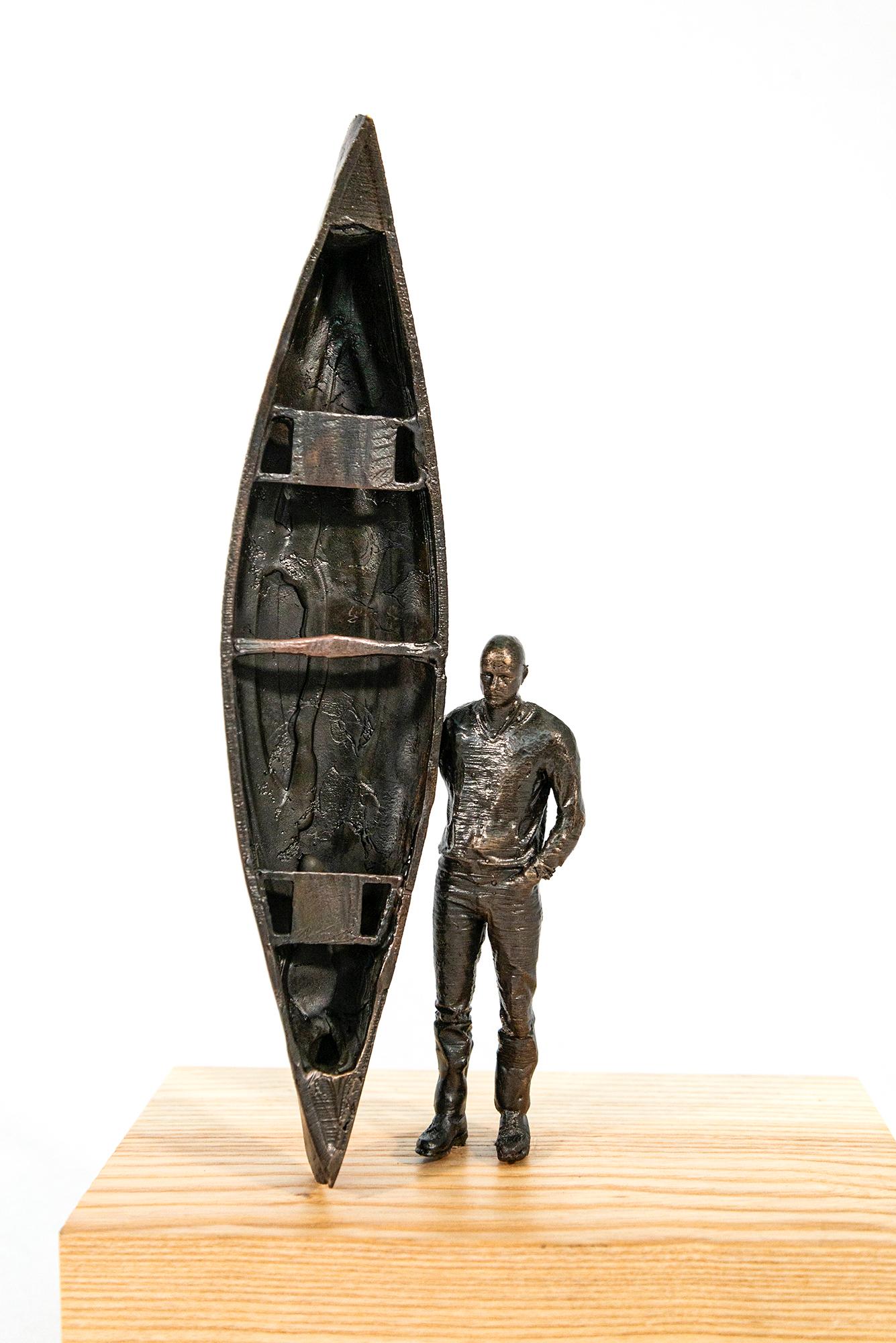 The Craftsman ed.1/2 - surrealist, canoe, figurative, wood, bronze, sculpture For Sale 9