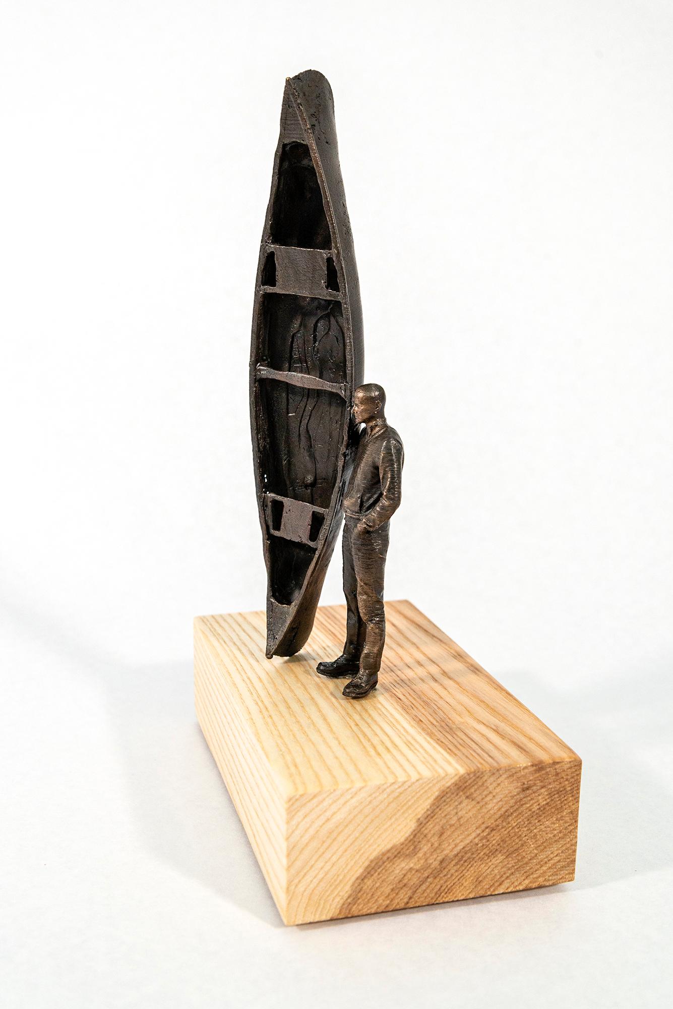 The Craftsman ed.1/2 - surrealist, canoe, figurative, wood, bronze, sculpture For Sale 2