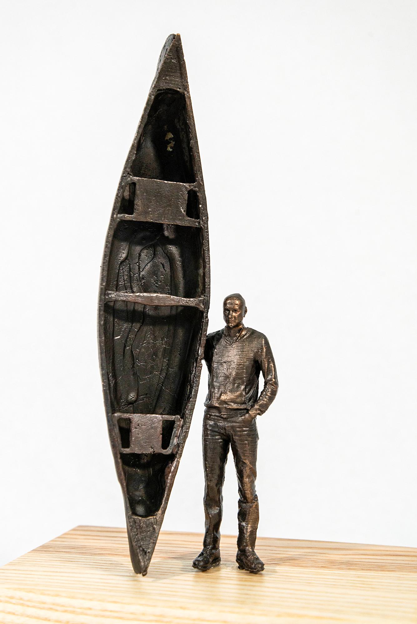 The Craftsman ed.1/2 - surrealist, canoe, figurative, wood, bronze, sculpture For Sale 3