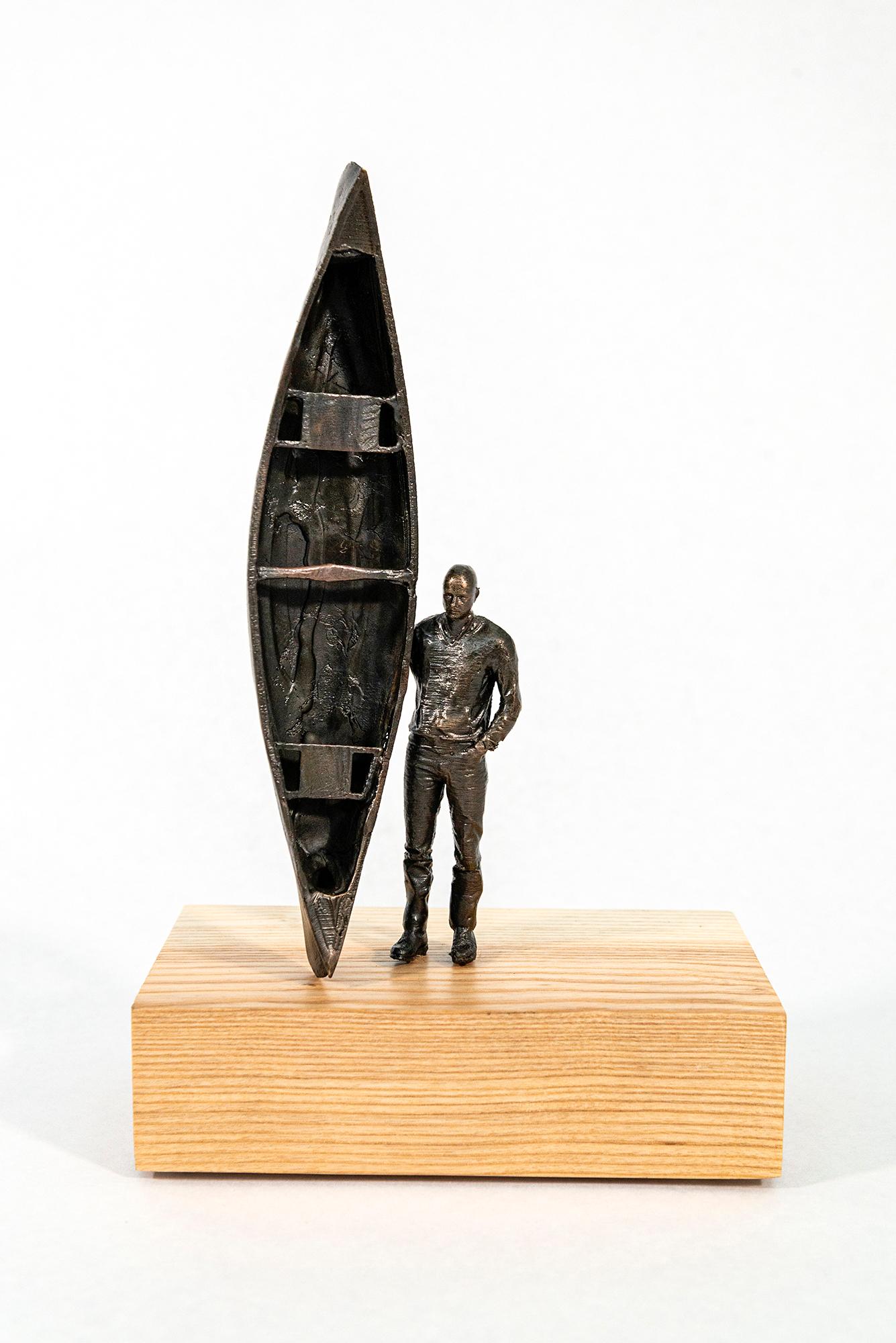 The Craftsman ed.1/2 - surrealist, canoe, figurative, wood, bronze, sculpture For Sale 4