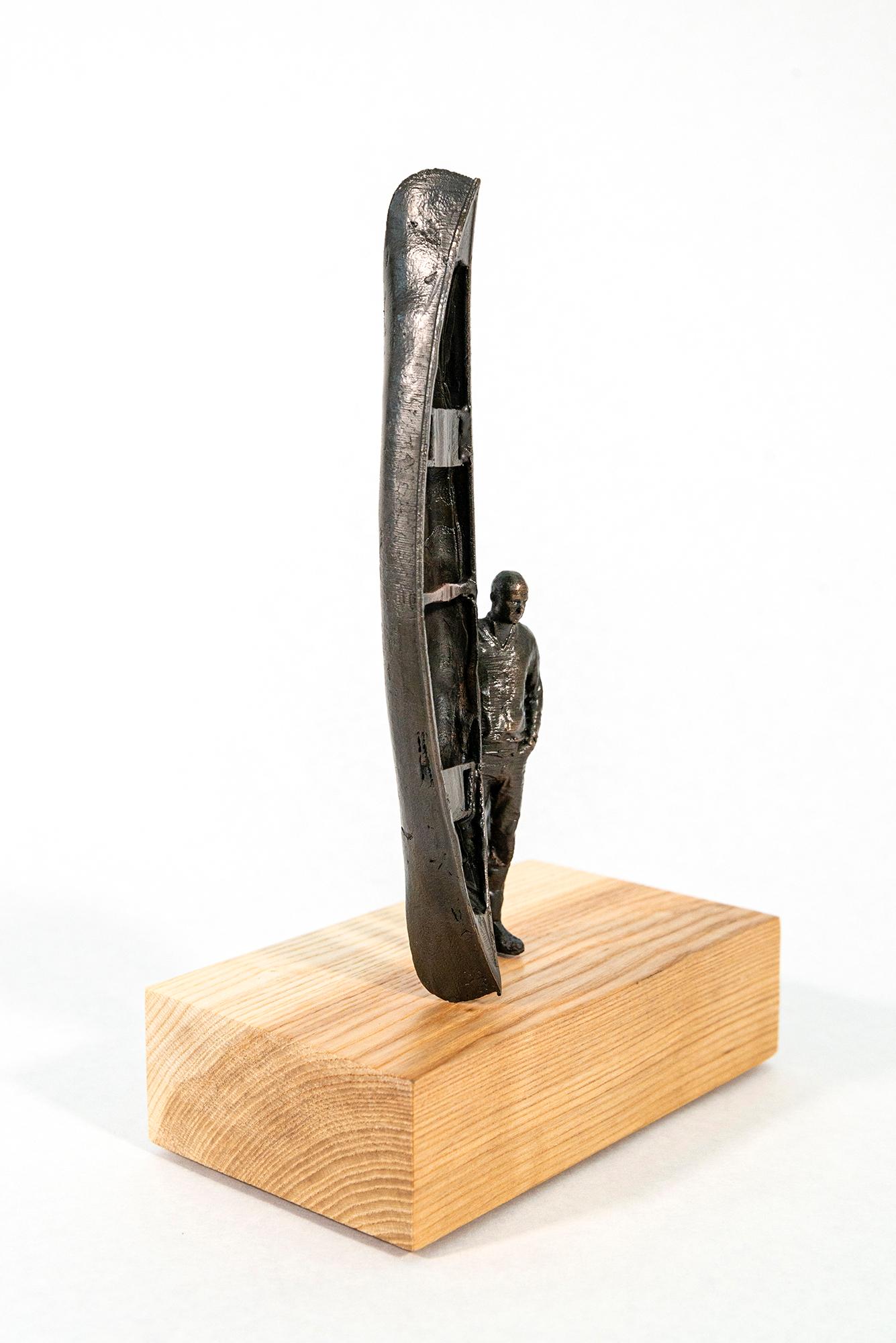 The Craftsman ed.1/2 - surrealist, canoe, figurative, wood, bronze, sculpture For Sale 5