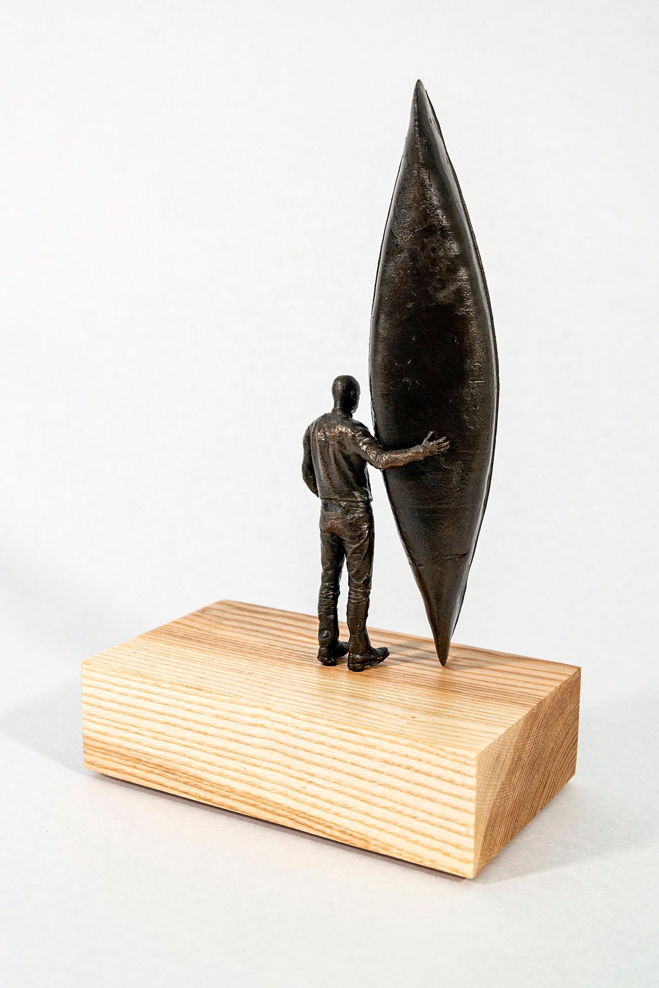 The Craftsman ed.1/2 - surrealist, canoe, figurative, wood, bronze, sculpture For Sale 6