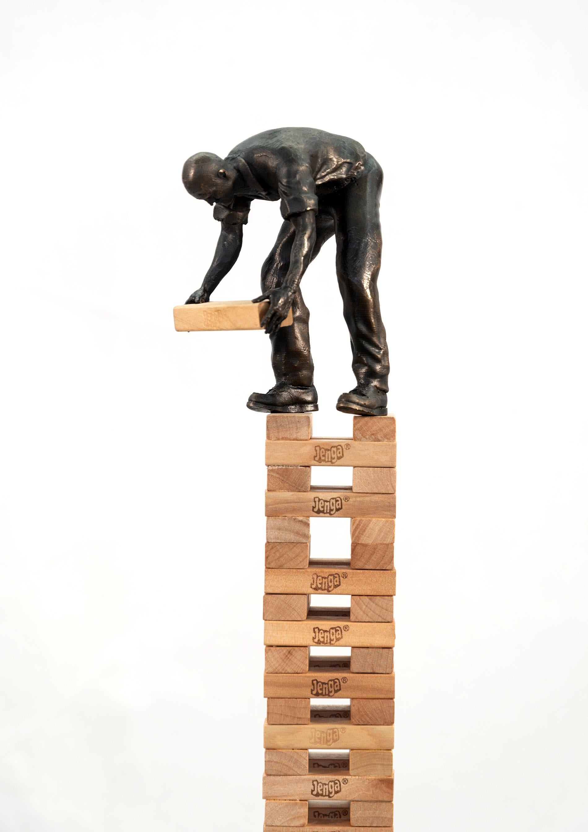 Work/Play Balance - tall, narrative, figurative, male, bronze, wood, sculpture - Contemporary Sculpture by Roch Smith