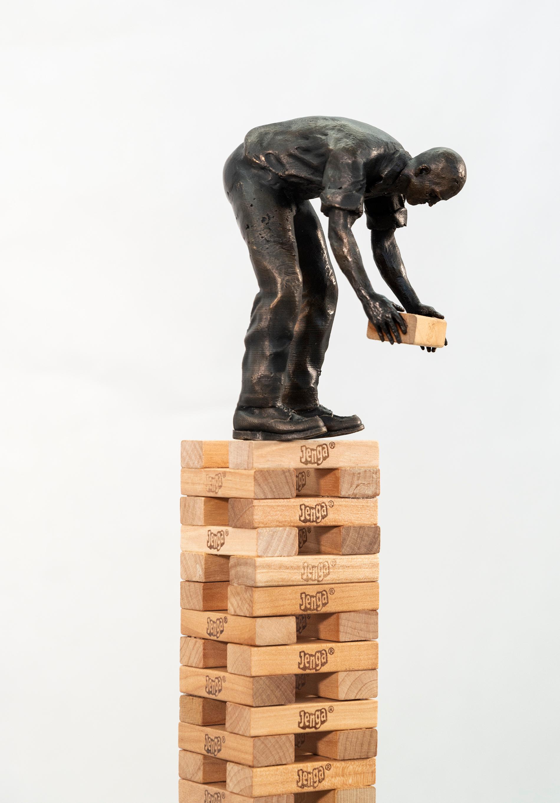 Work/Play Balance - tall, narrative, figurative, male, bronze, wood, sculpture 2