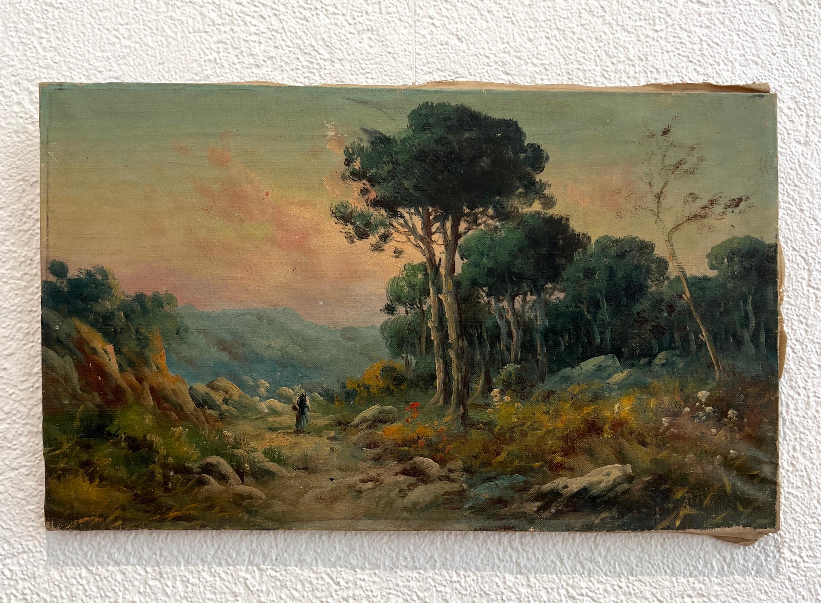 Ein Spaziergang entlang einer Landstraße in der Abenddämmerung – Painting von P. Roubin
