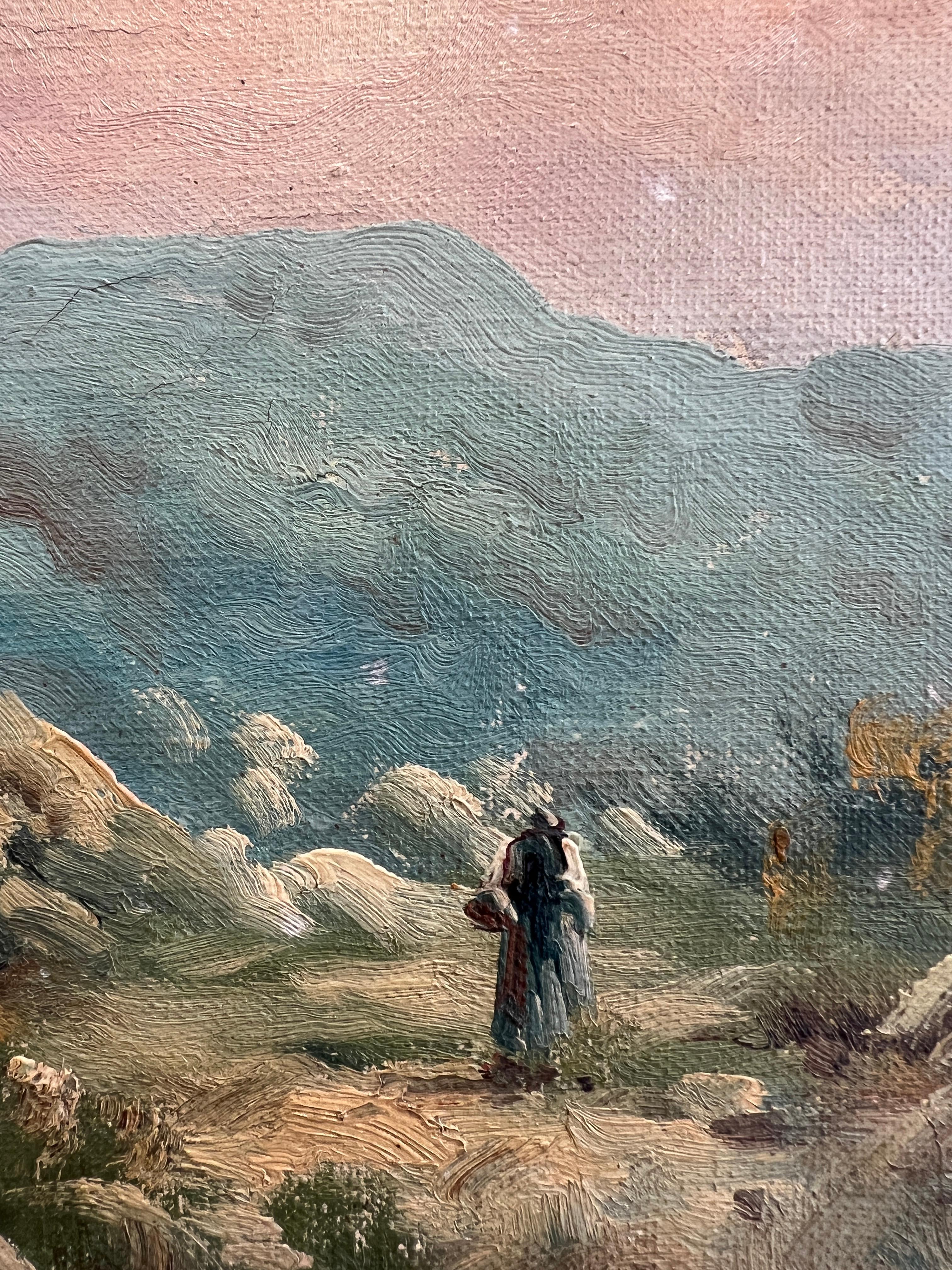 Ein Spaziergang entlang einer Landstraße in der Abenddämmerung (Schwarz), Landscape Painting, von P. Roubin