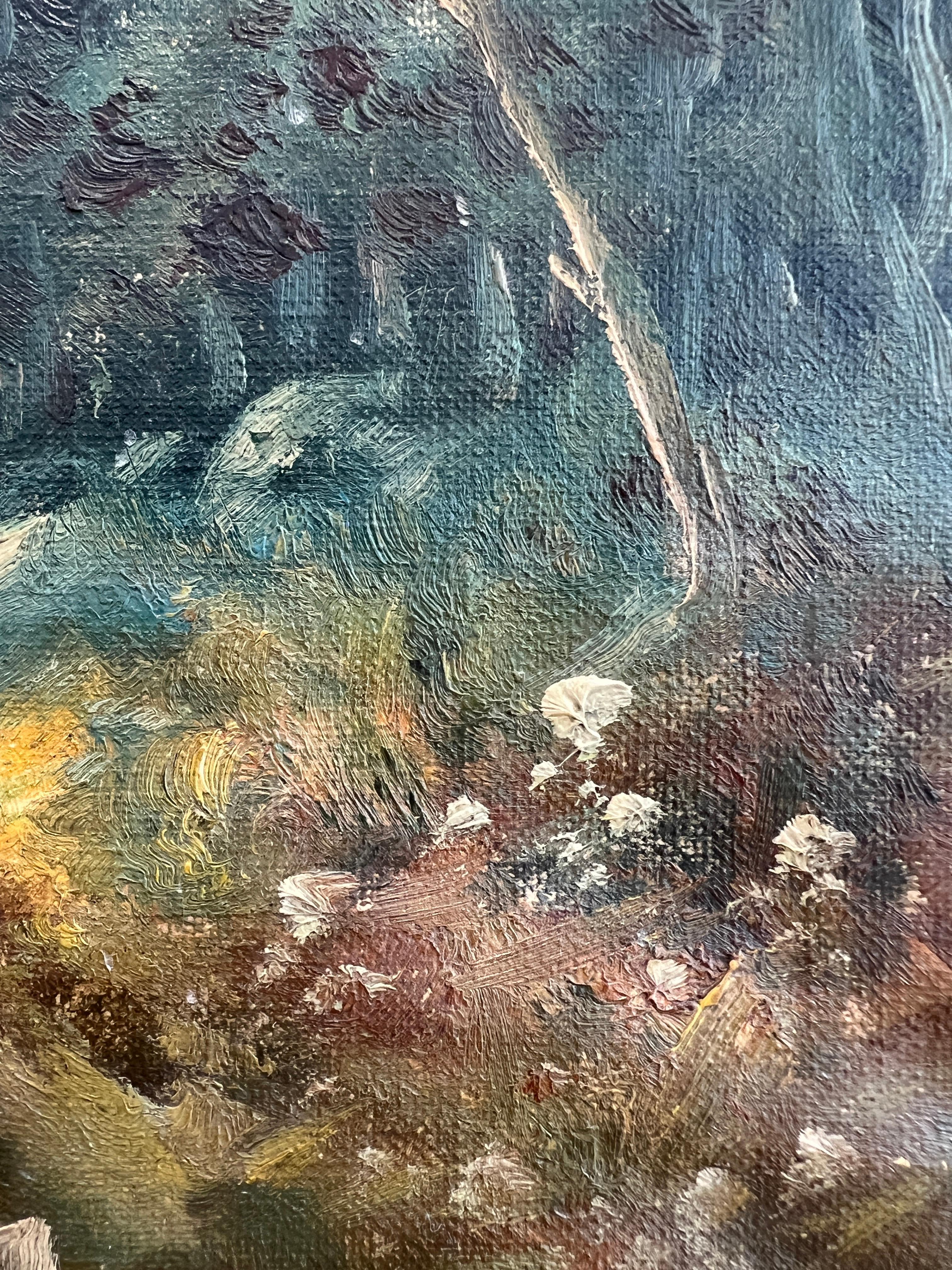 Dieses fesselnde Kunstwerk stellt eine malerische Landschaft dar, die die Pracht der Natur in all ihrer Herrlichkeit zeigt. Mit akribischer Präzision stellt das Gemälde eine Landstraße dar, die durch einen üppigen Wald führt und in das weiche,