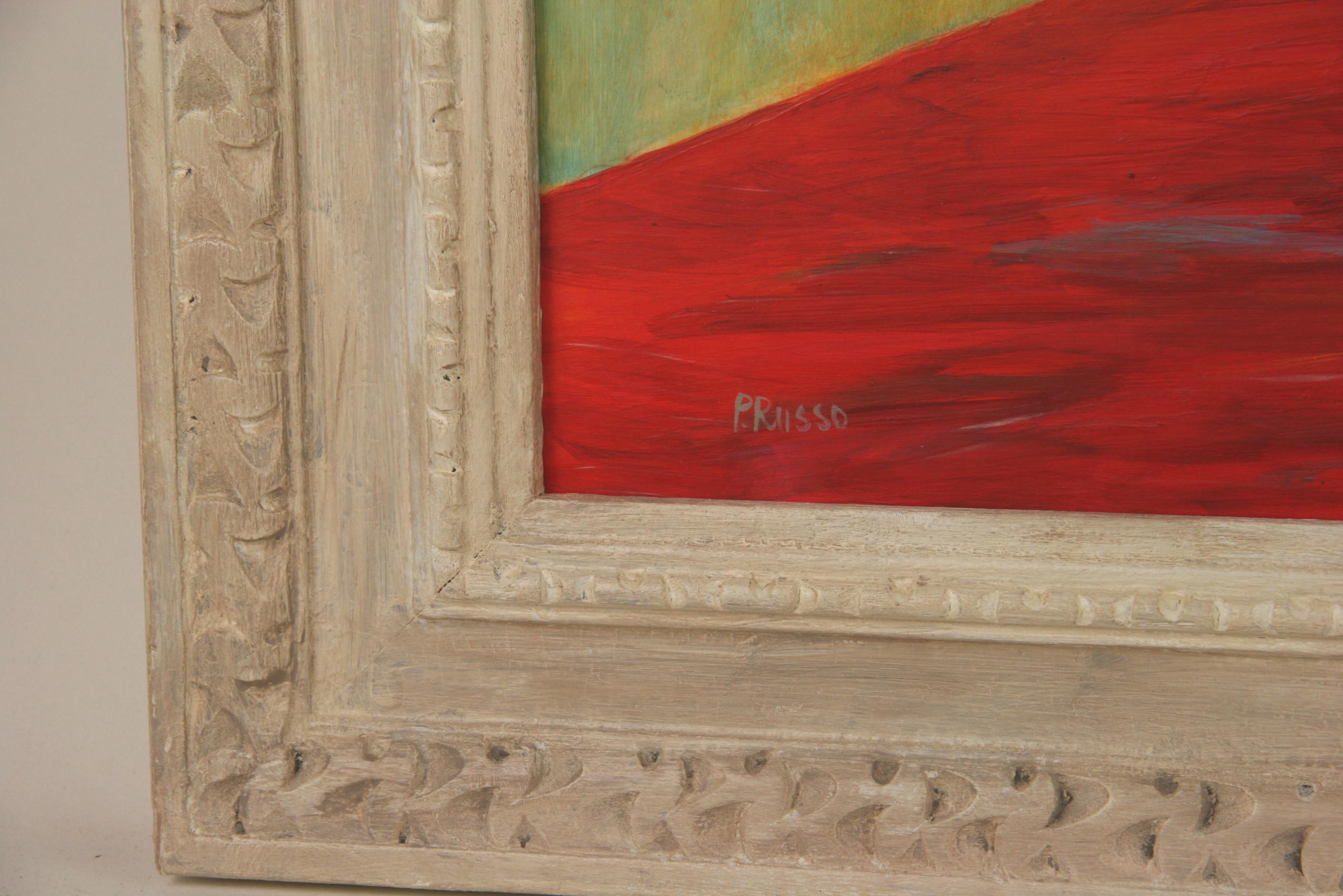 #5-2968 Red Table still life painting,acrylique contemporain sur panneau présenté dans un cadre vintage en bois courbé peint à la main
signée par l'artiste napolitain P.Russo en bas à gauche.
Taille de l'image H 17.5 X23.5 L