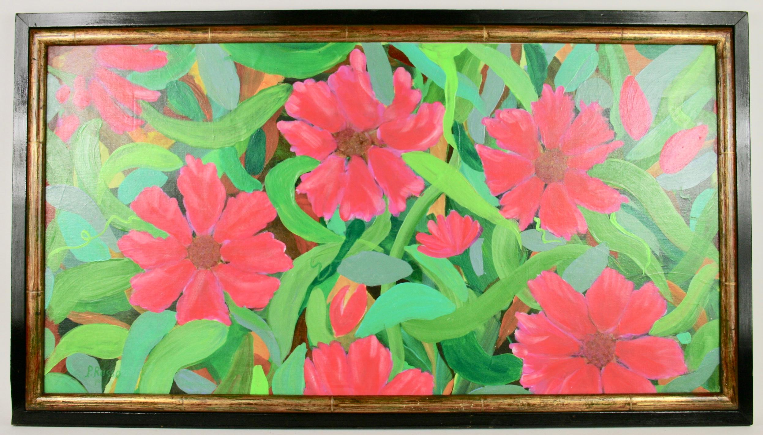 5-3048 Oversized acrylic  floral painting on canvas applied to board
Set in a vintage wood frame
Neapolitan artist P. Russo