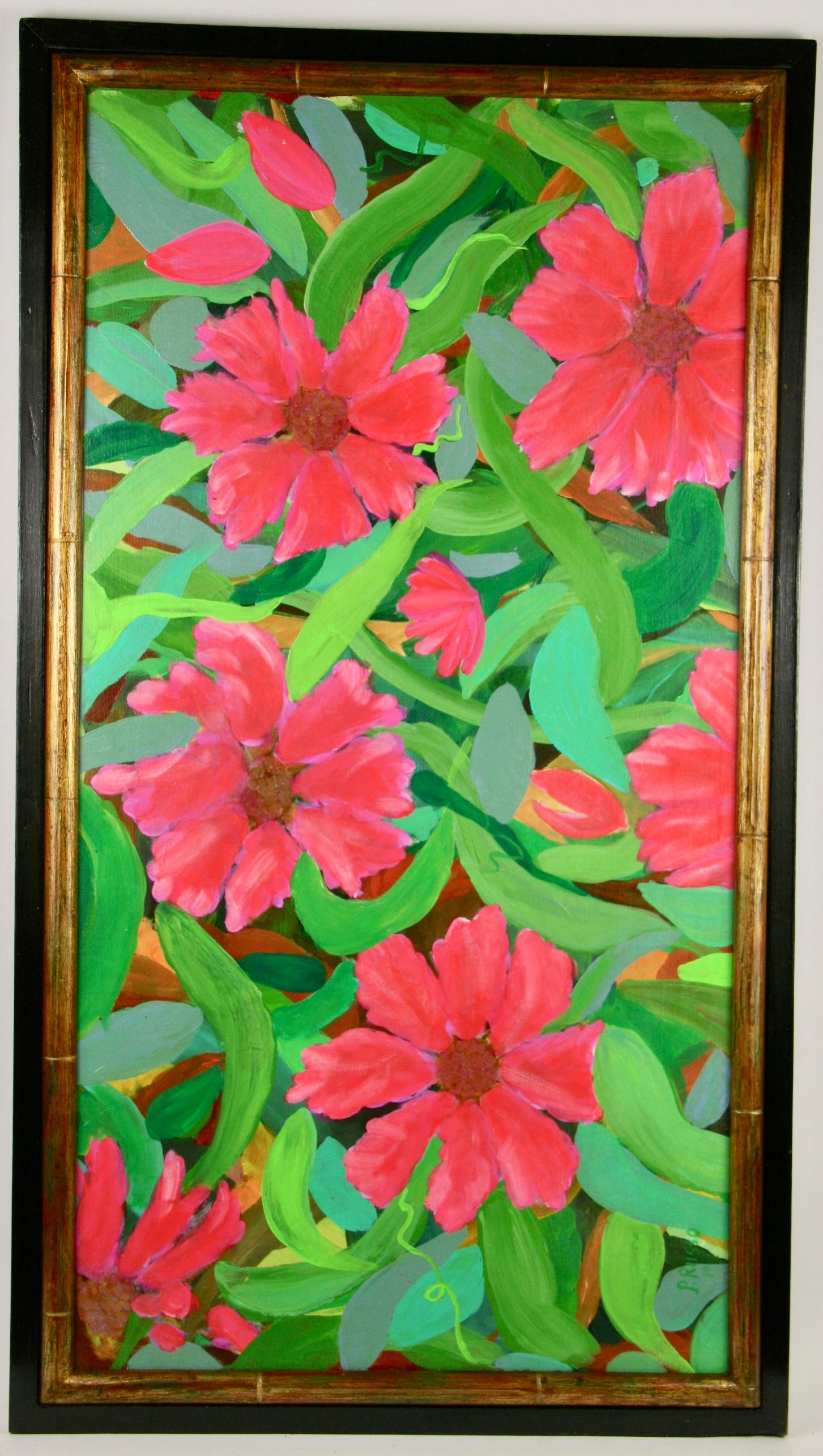Abstract Painting P. Russo - Impressionniste  Grand Tropical  Peinture de fleur rouge