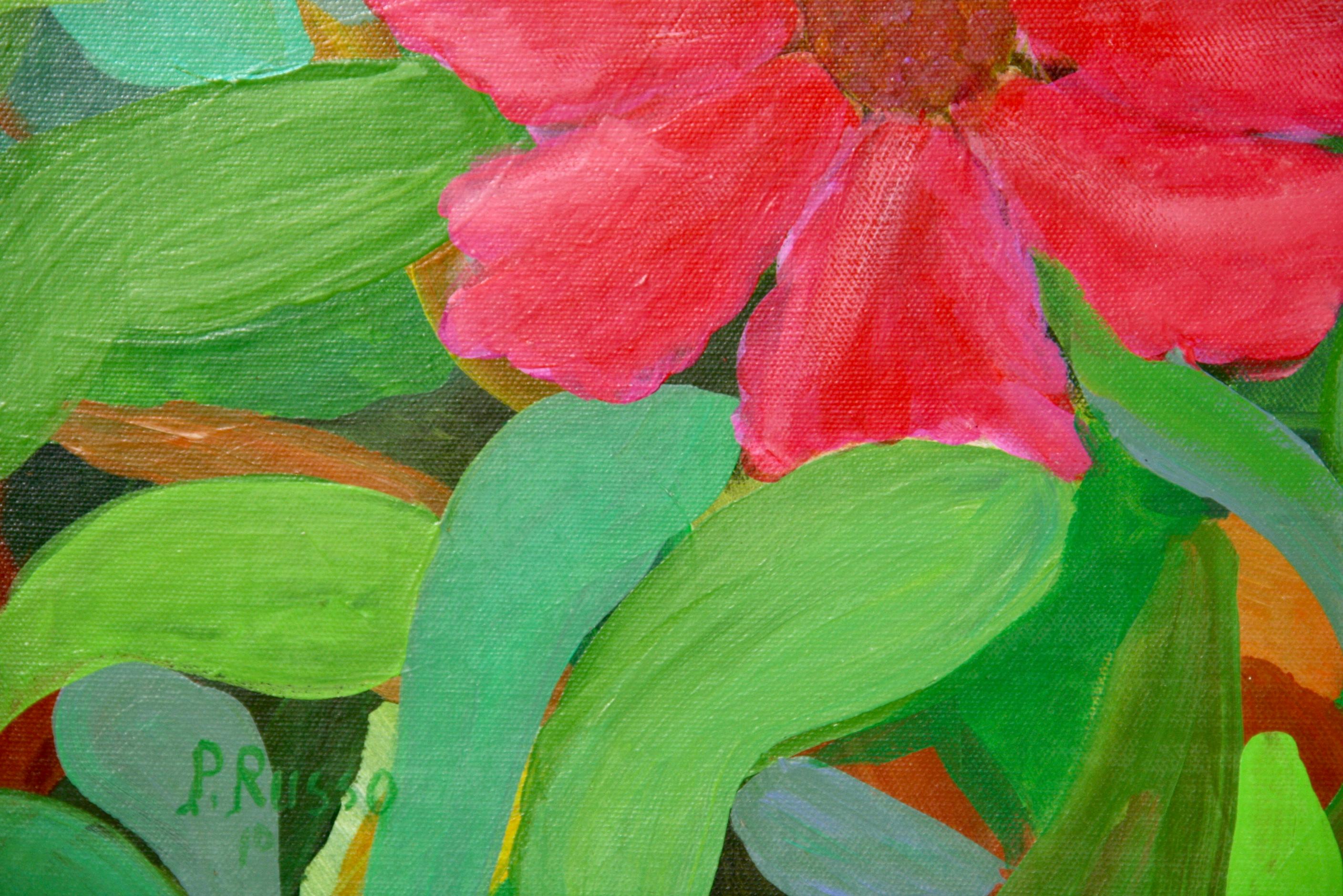 5-3048 Oversized  red   floral painting on canvas applied to board
Set in a vintage wood frame
Neapolitan artist P. Russo