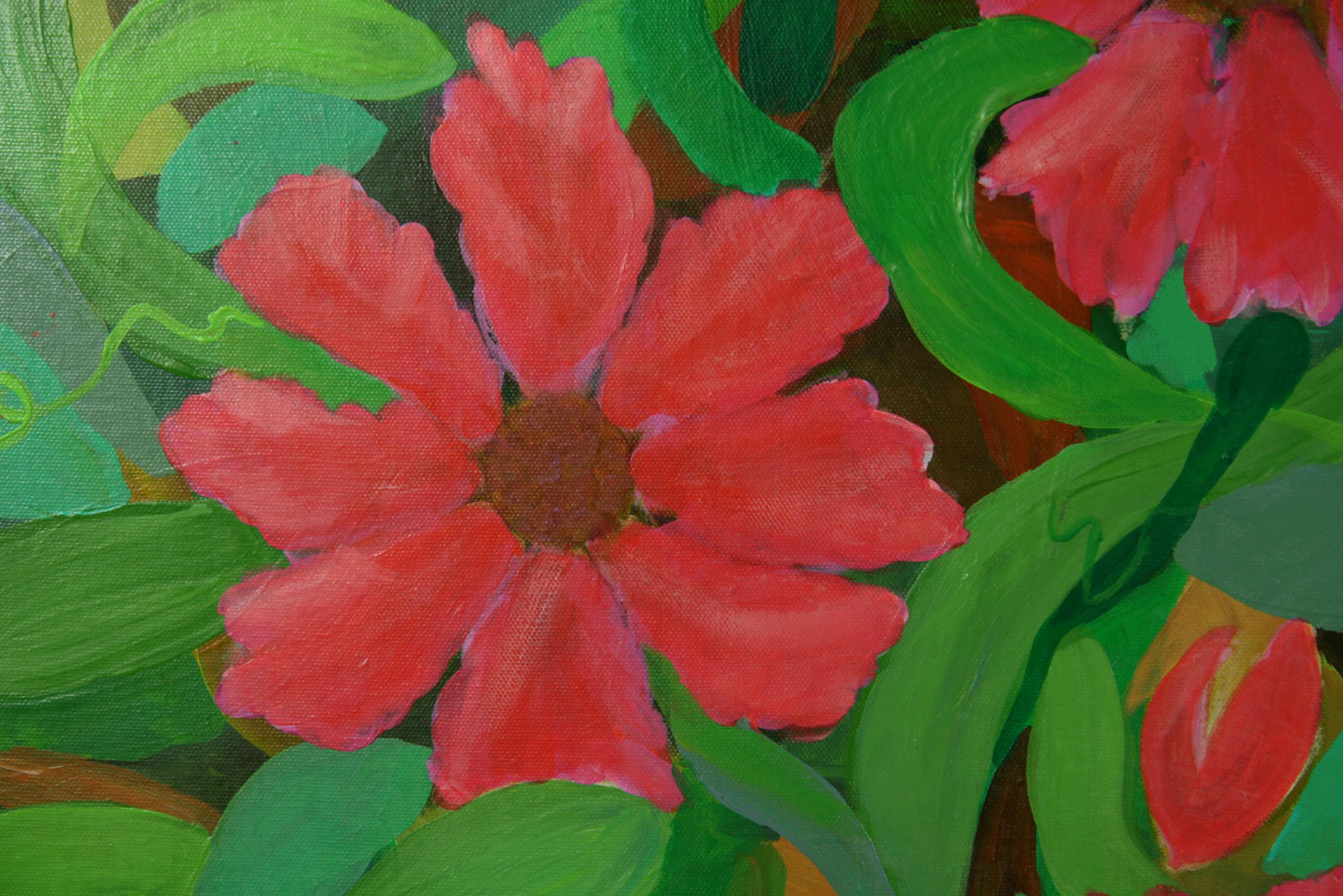 Vintage Impressionist  Large Tropical  Red Flower Painting For Sale 1