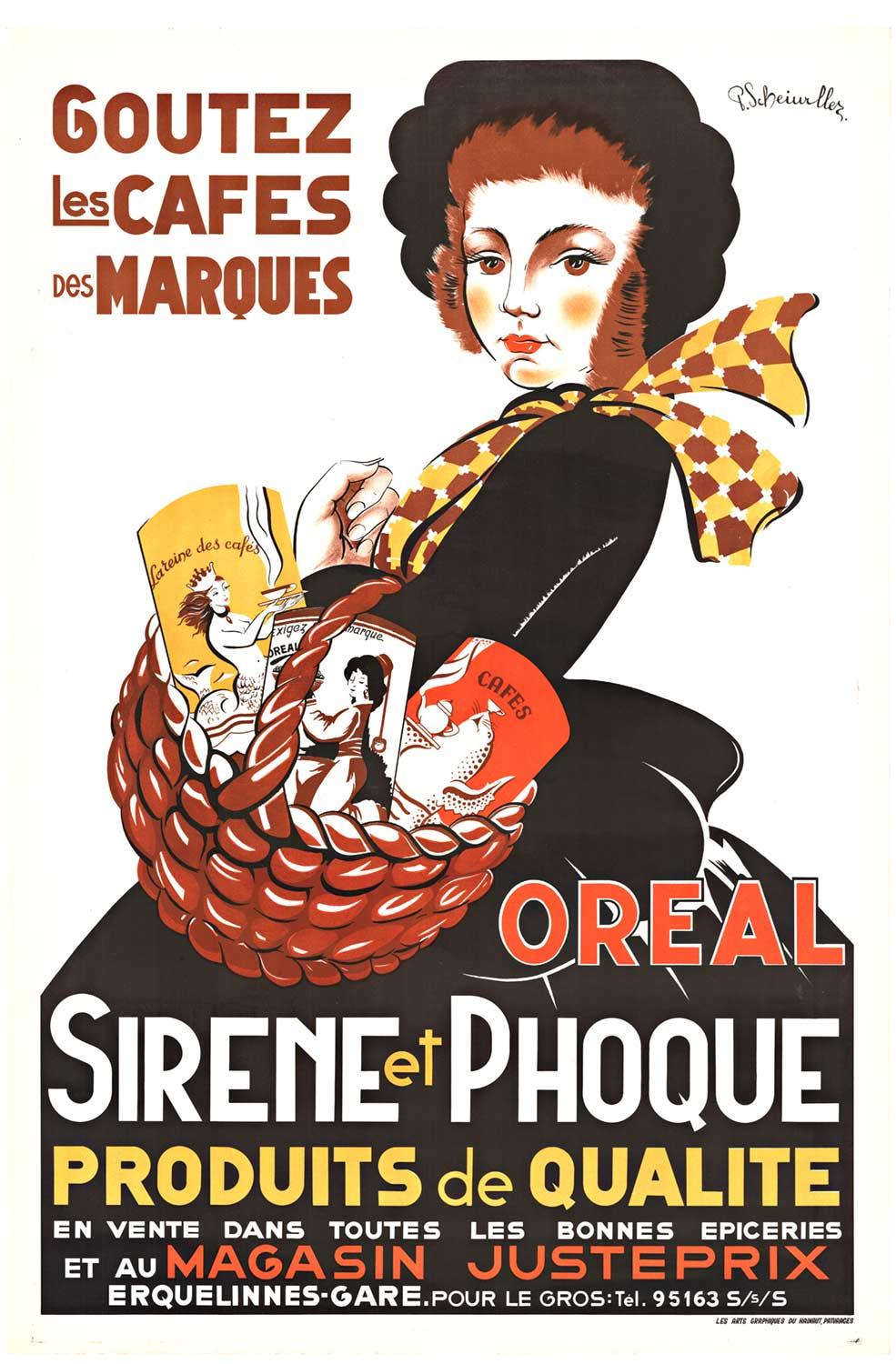 P. Scheiurllez Portrait Print - Orignal " Oreal Sirene et Phoque" 1940s coffee poster