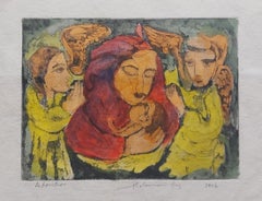 Arte indiana moderna Adorazione Madre Bambino Pittura ad acquerello India