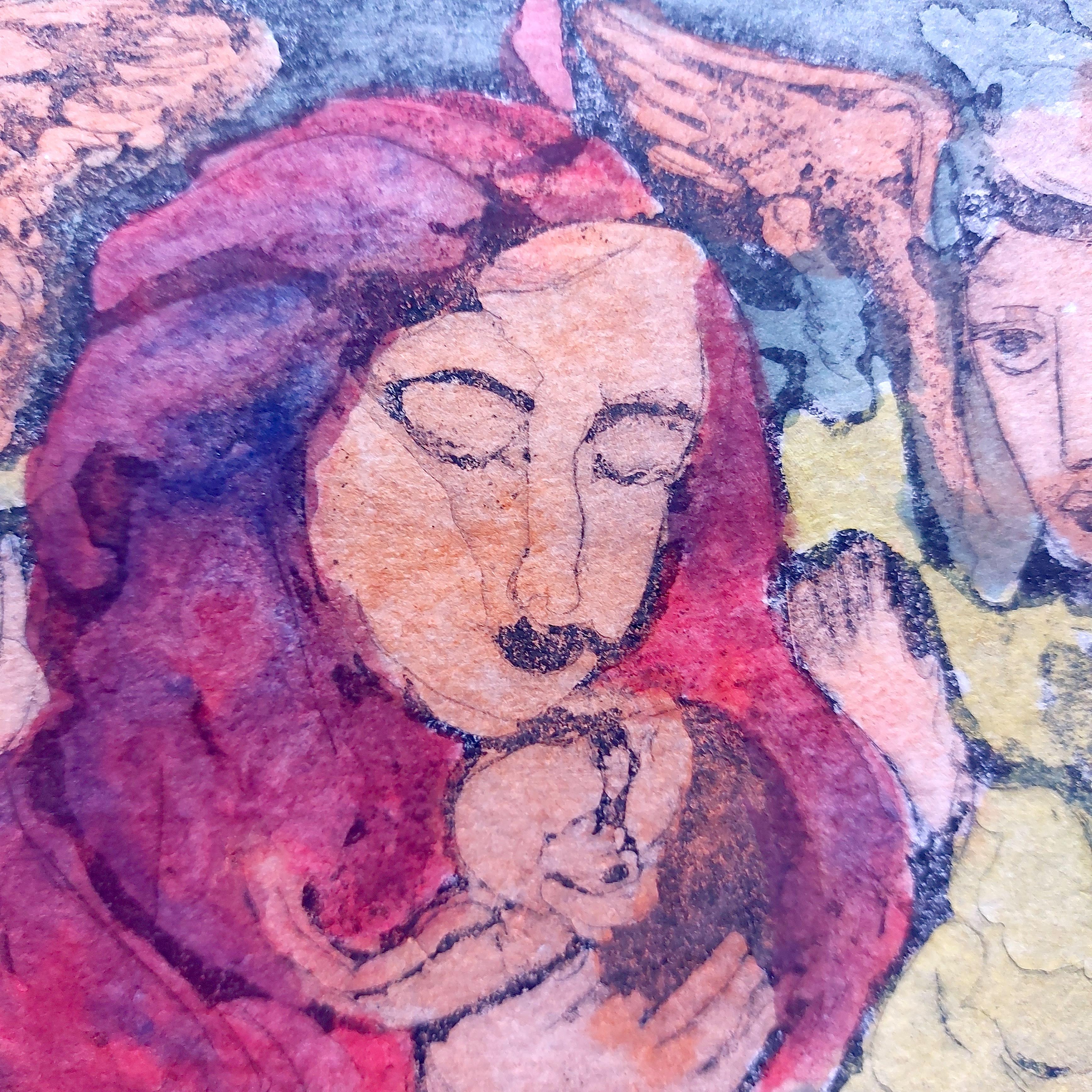 Arte Indio Moderno Adoración Madre Hijo Acuarela Pintura India en venta 4